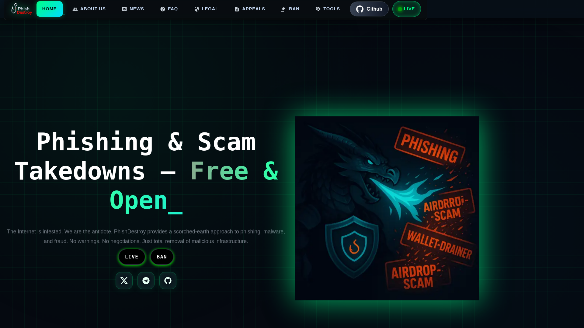 website screenshot of https://phishdestroy.io/