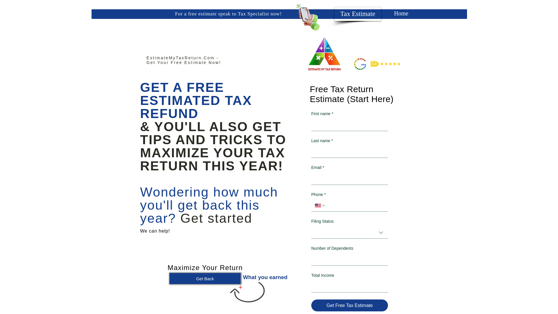 website screenshot of https://estimatemytaxreturn.com/