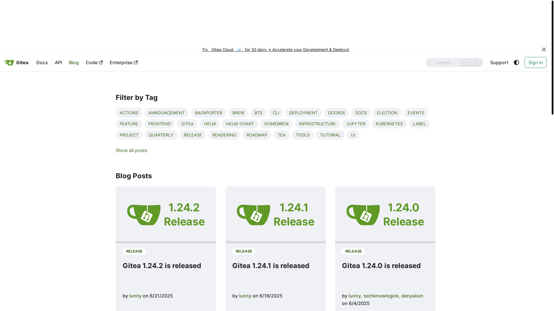 website screenshot of https://blog.gitea.com/