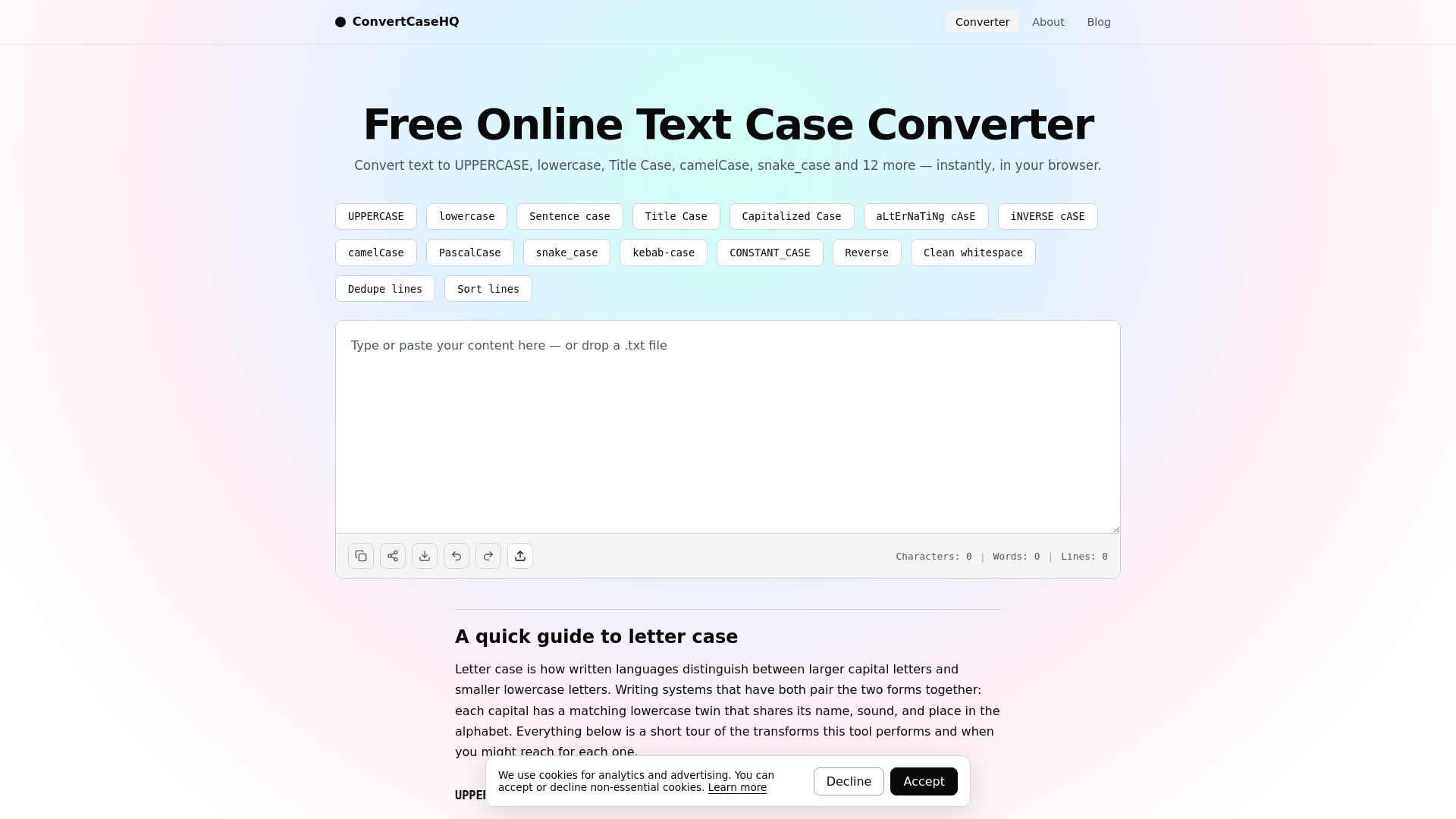 website screenshot of https://convertcasehq.com/