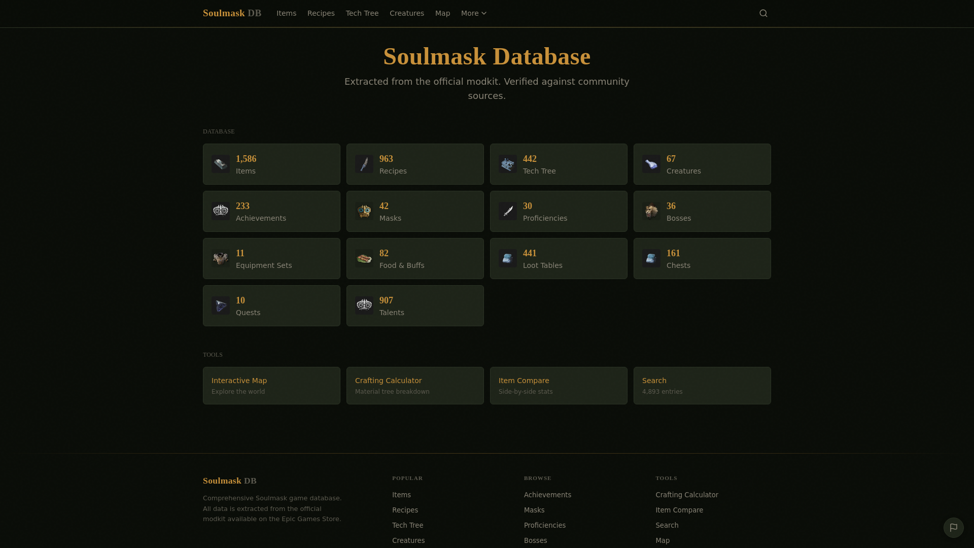 website screenshot of https://soulmaskdatabase.com/