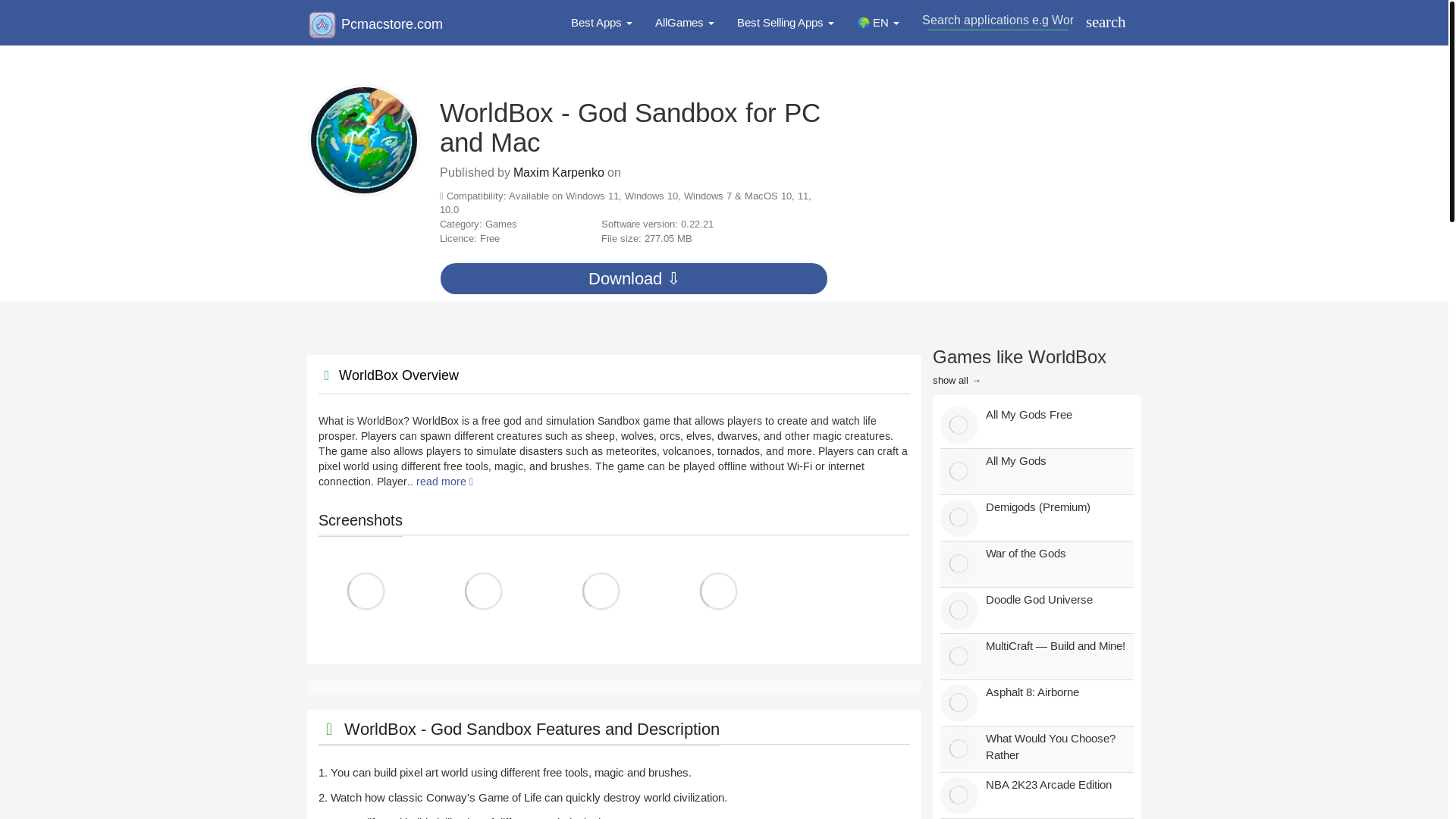 website screenshot of https://pcmacstore.com/en/software/1450941371/worldbox-god-sandbox
