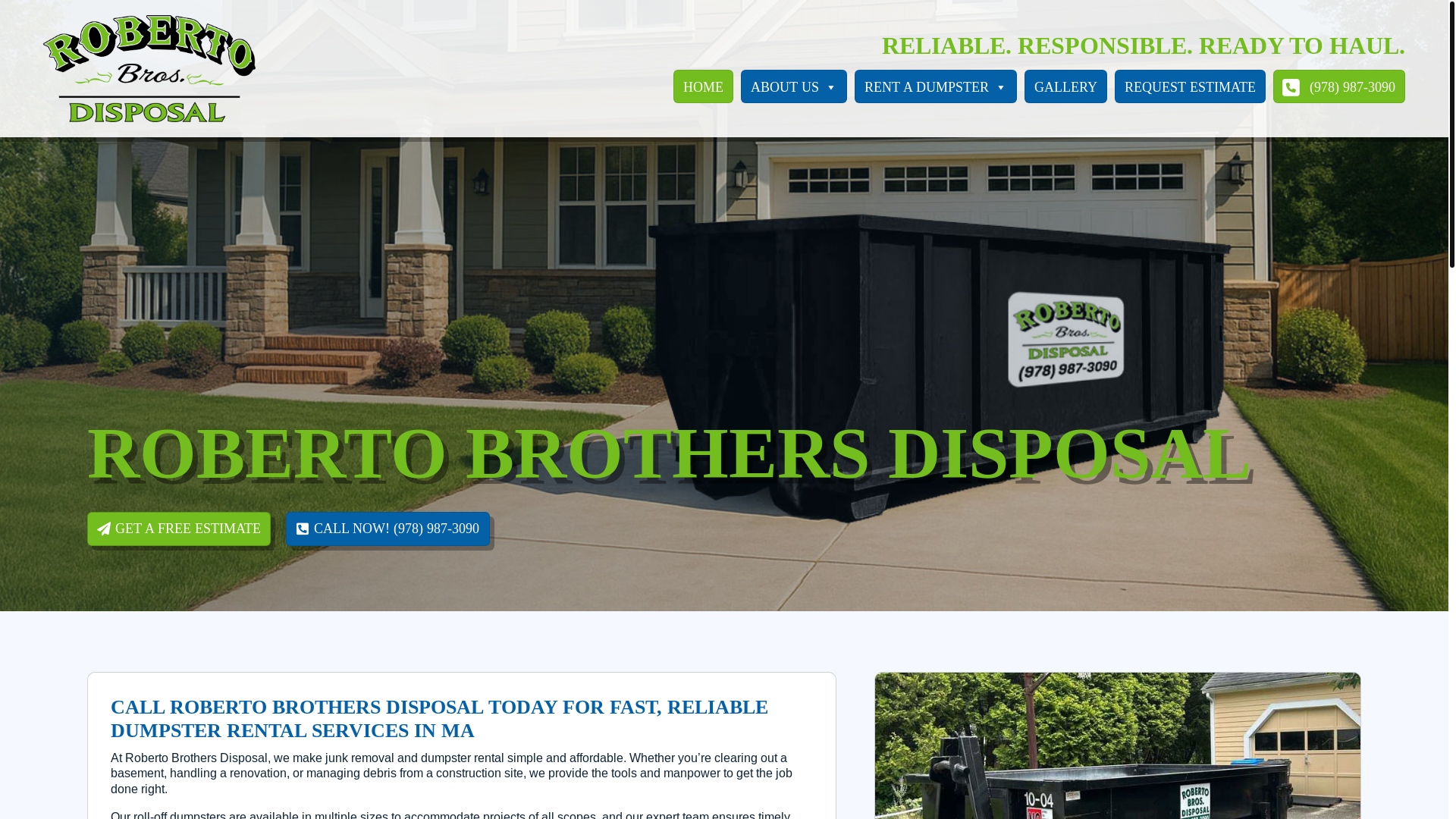 website screenshot of https://robertobrosdumpsterrentals.com/