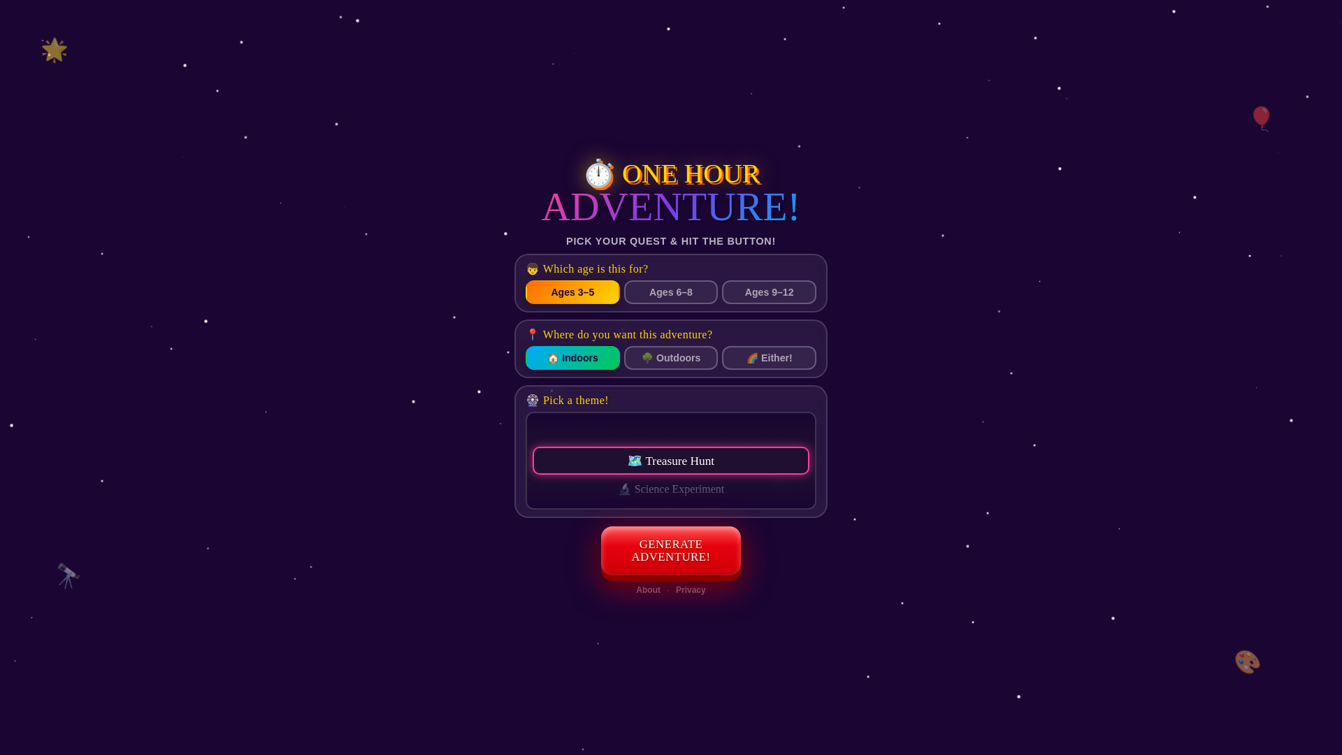 website screenshot of https://onehouradventure.com
