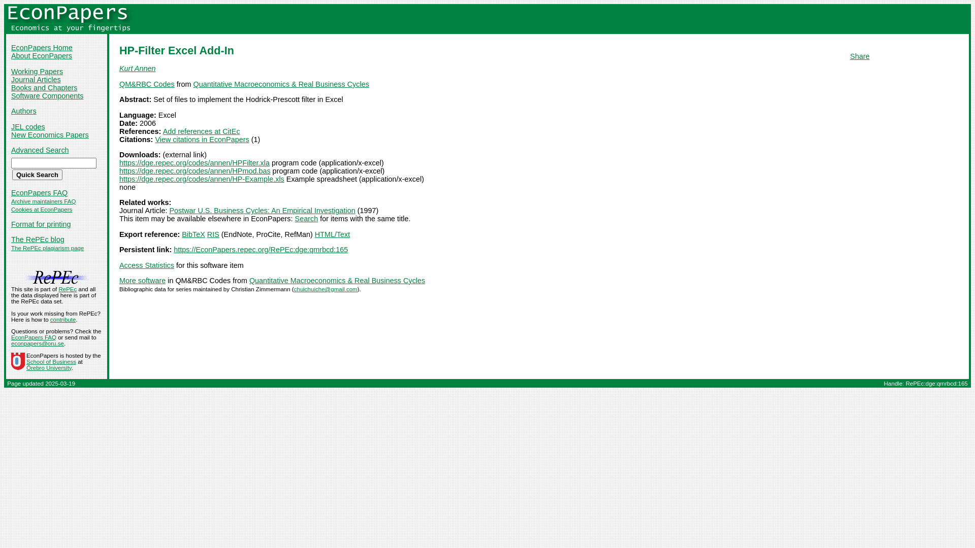 website screenshot of https://econpapers.repec.org/software/dgeqmrbcd/165.htm