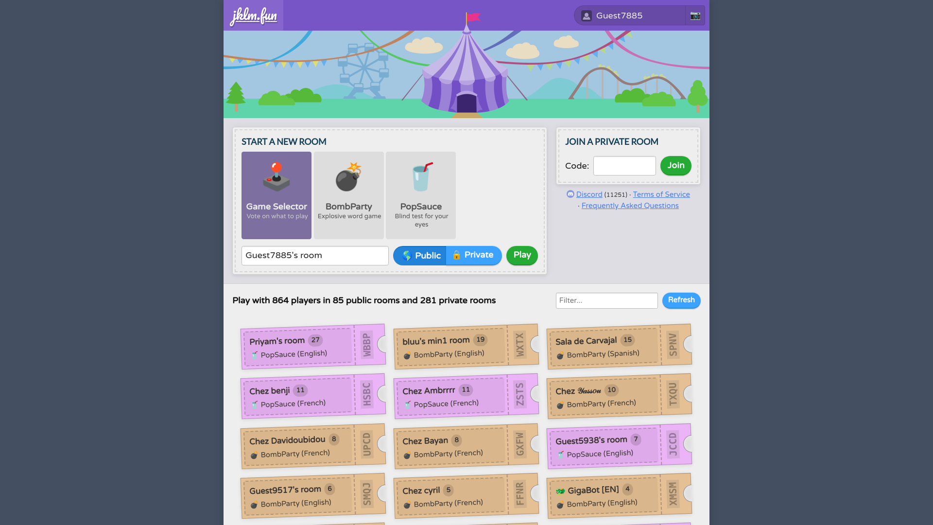 website screenshot of https://jklm.fun/