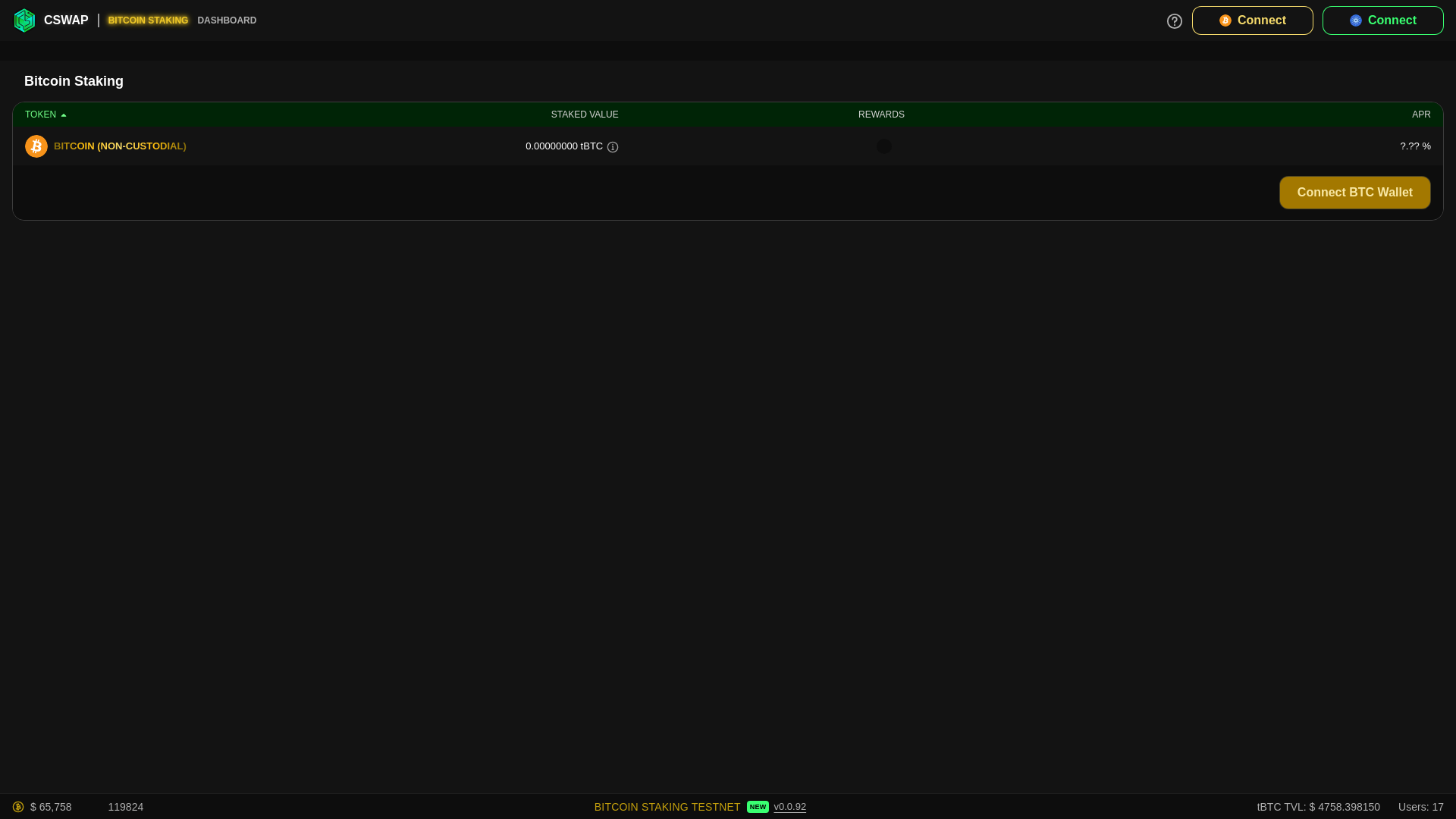 website screenshot of https://btc-test.cswap.trade/