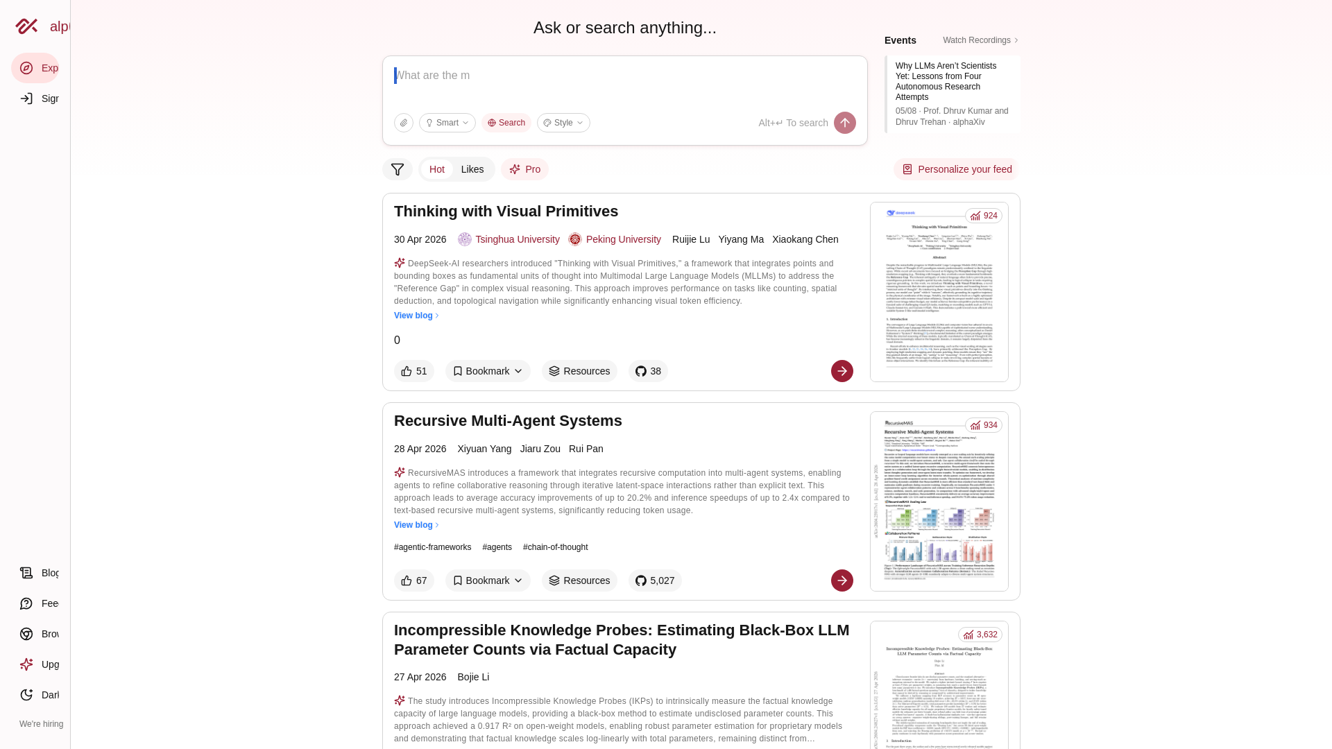 website screenshot of https://alphaxiv.org