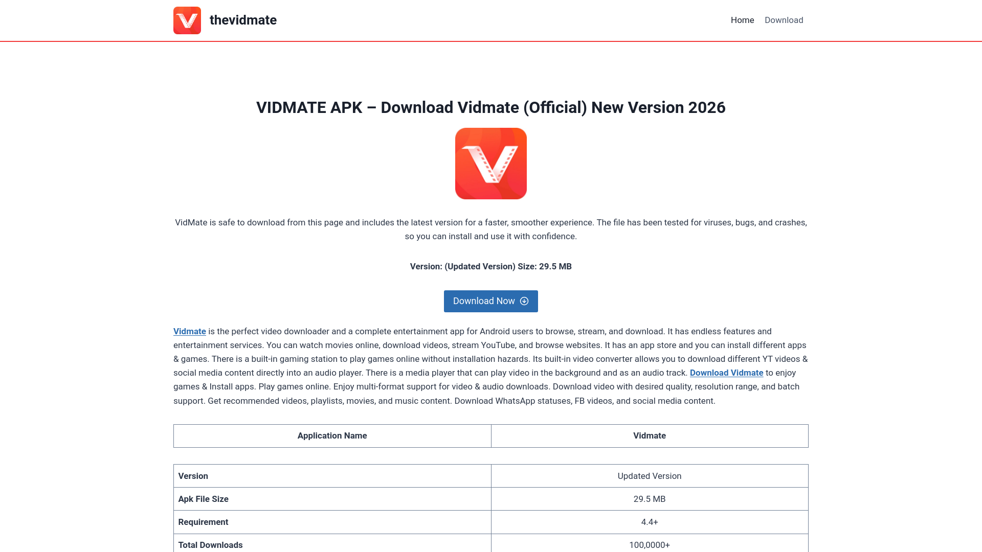 website screenshot of https://thevidmate.net