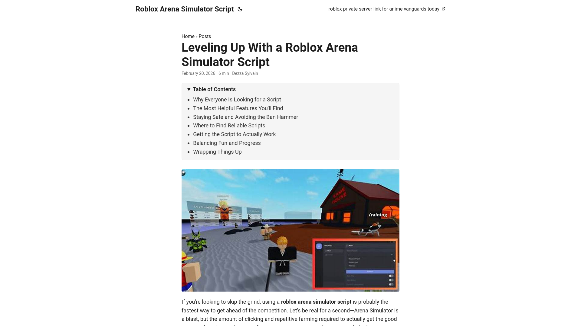 website screenshot of https://roblox-arena-simulator-script.pages.dev/