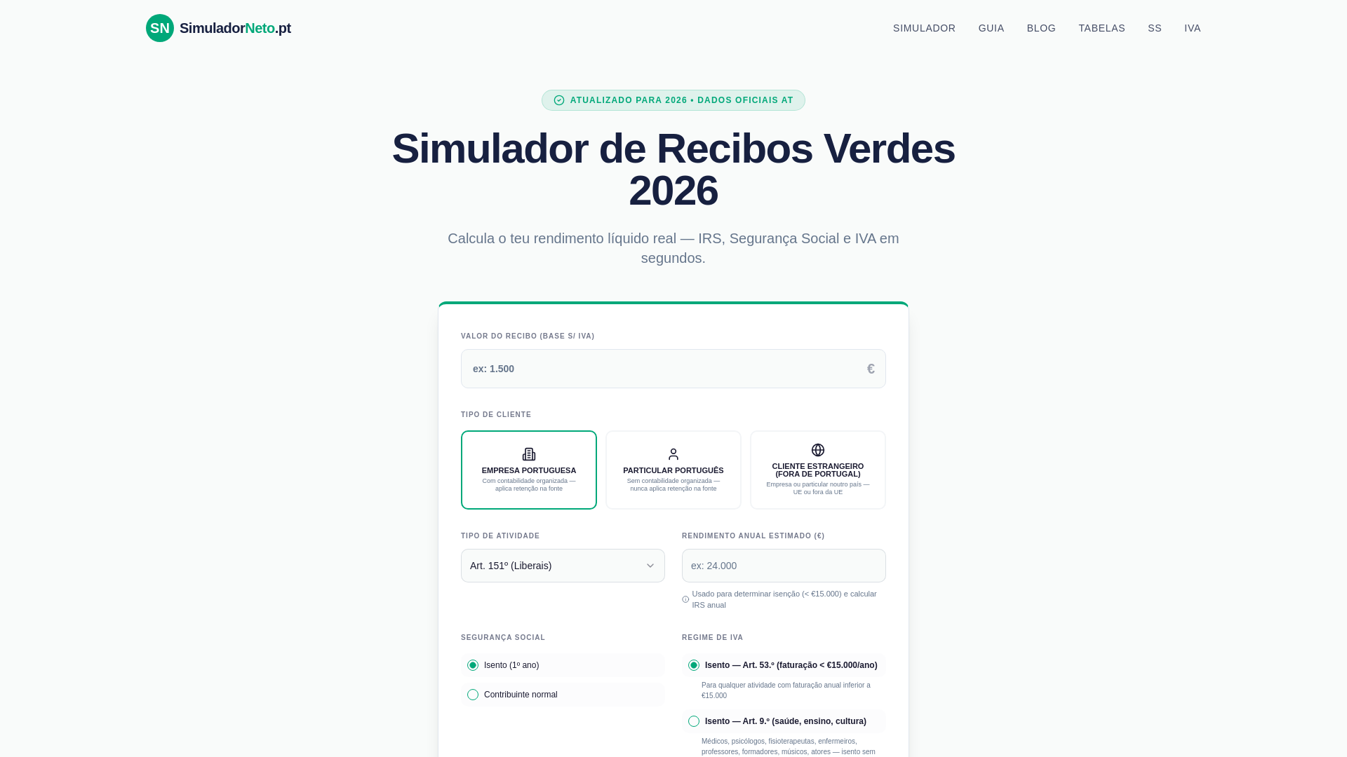 website screenshot of https://simuladorneto.pt/