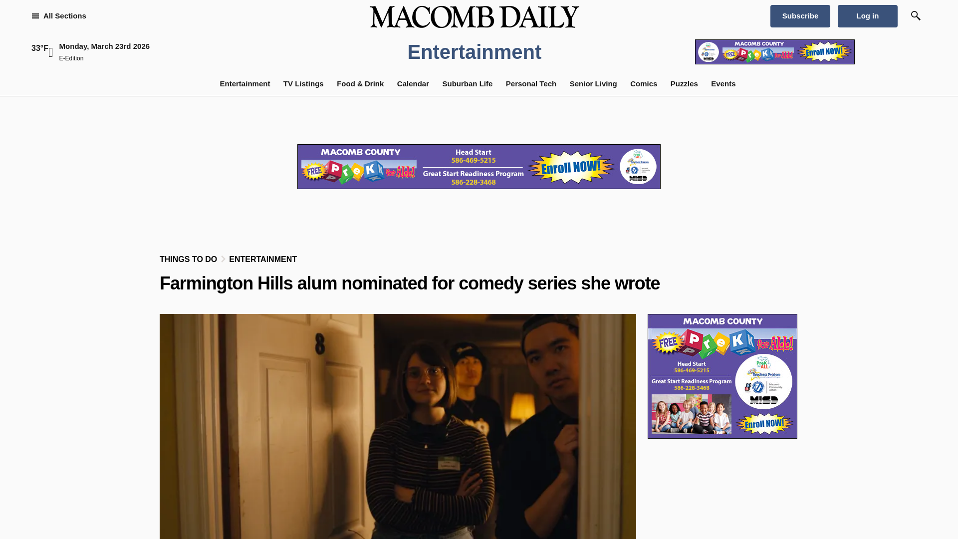 website screenshot of https://www.macombdaily.com/2026/03/23/farmington-hills-alum-nominated-for-comedy-series-she-wrote/