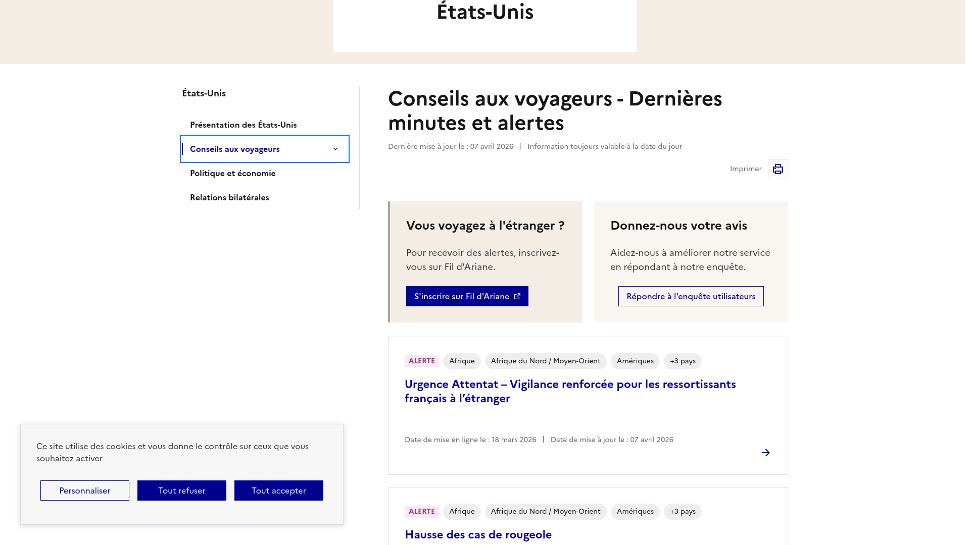 website screenshot of https://www.diplomatie.gouv.fr/fr/conseils-aux-voyageurs/conseils-par-pays-destination/etats-unis/#entree