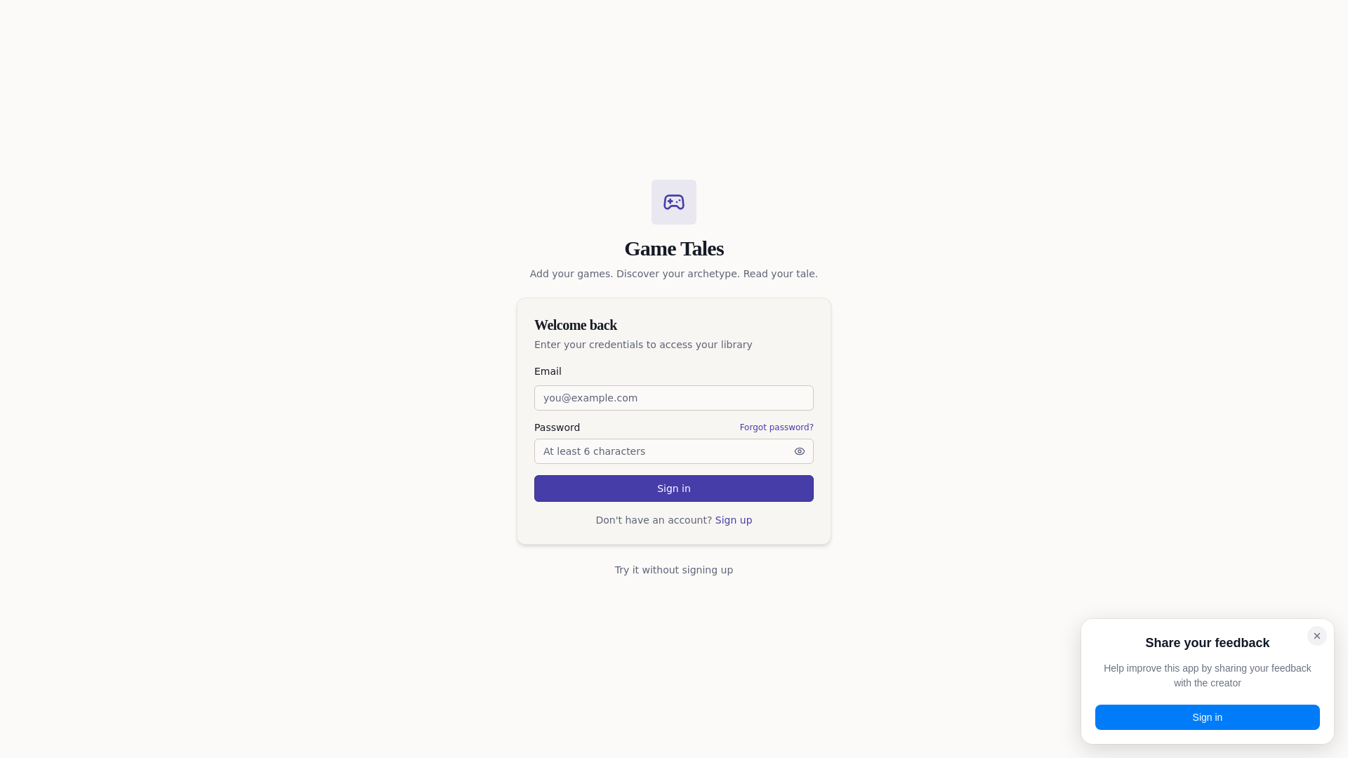 website screenshot of https://gametales.app/