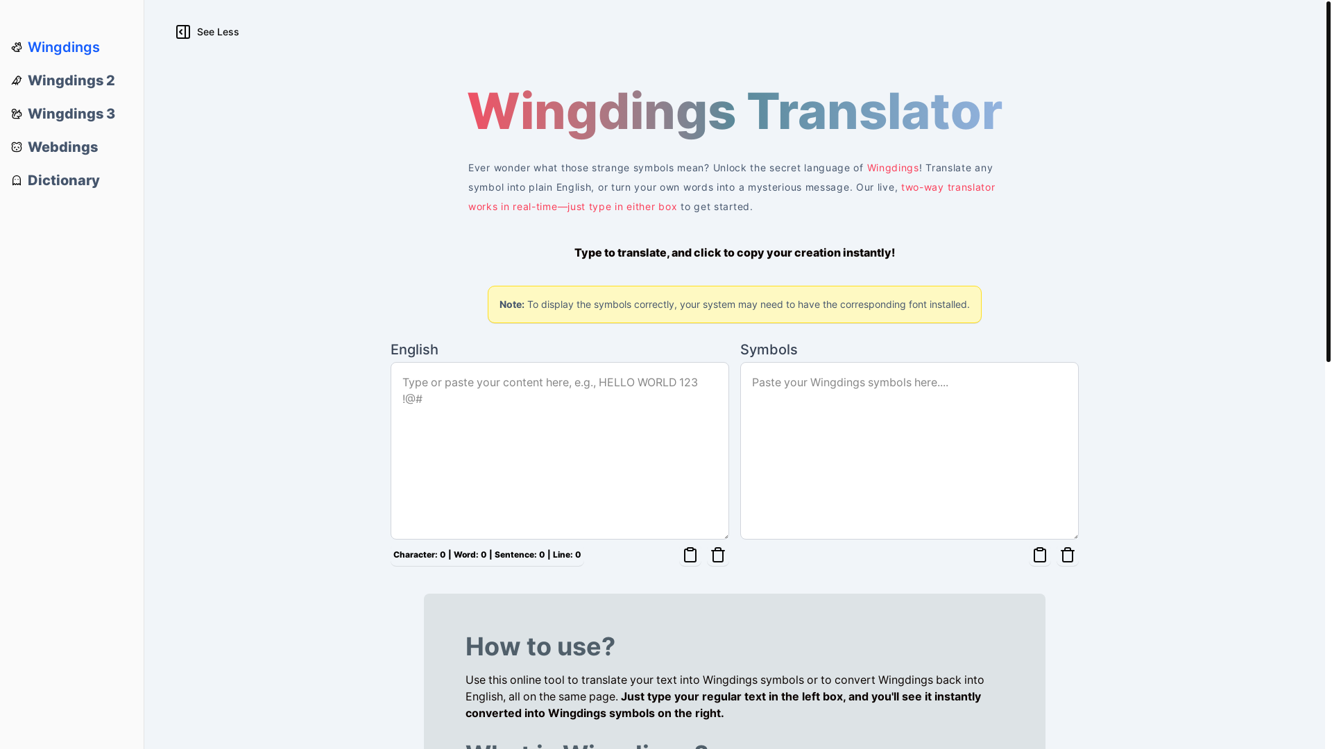 website screenshot of https://wingdings-translator.pages.dev/