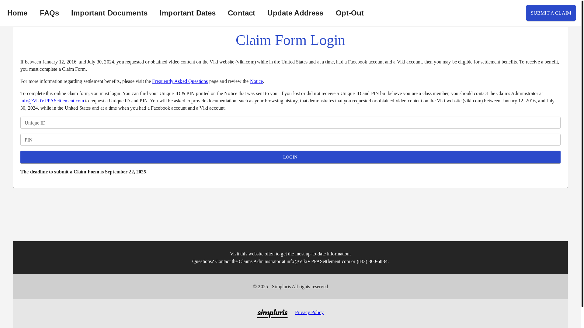 website screenshot of https://www.vikivppasettlement.com/form/claim/