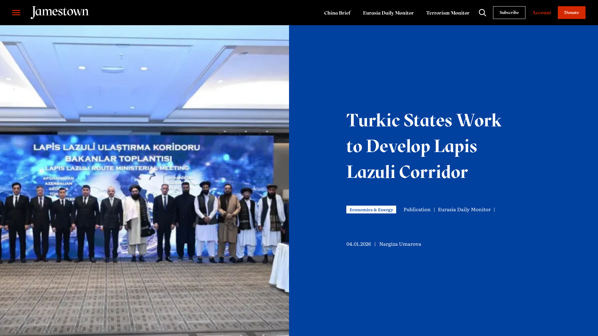 website screenshot of https://jamestown.org/turkic-states-work-to-develop-lapis-lazuli-corridor/