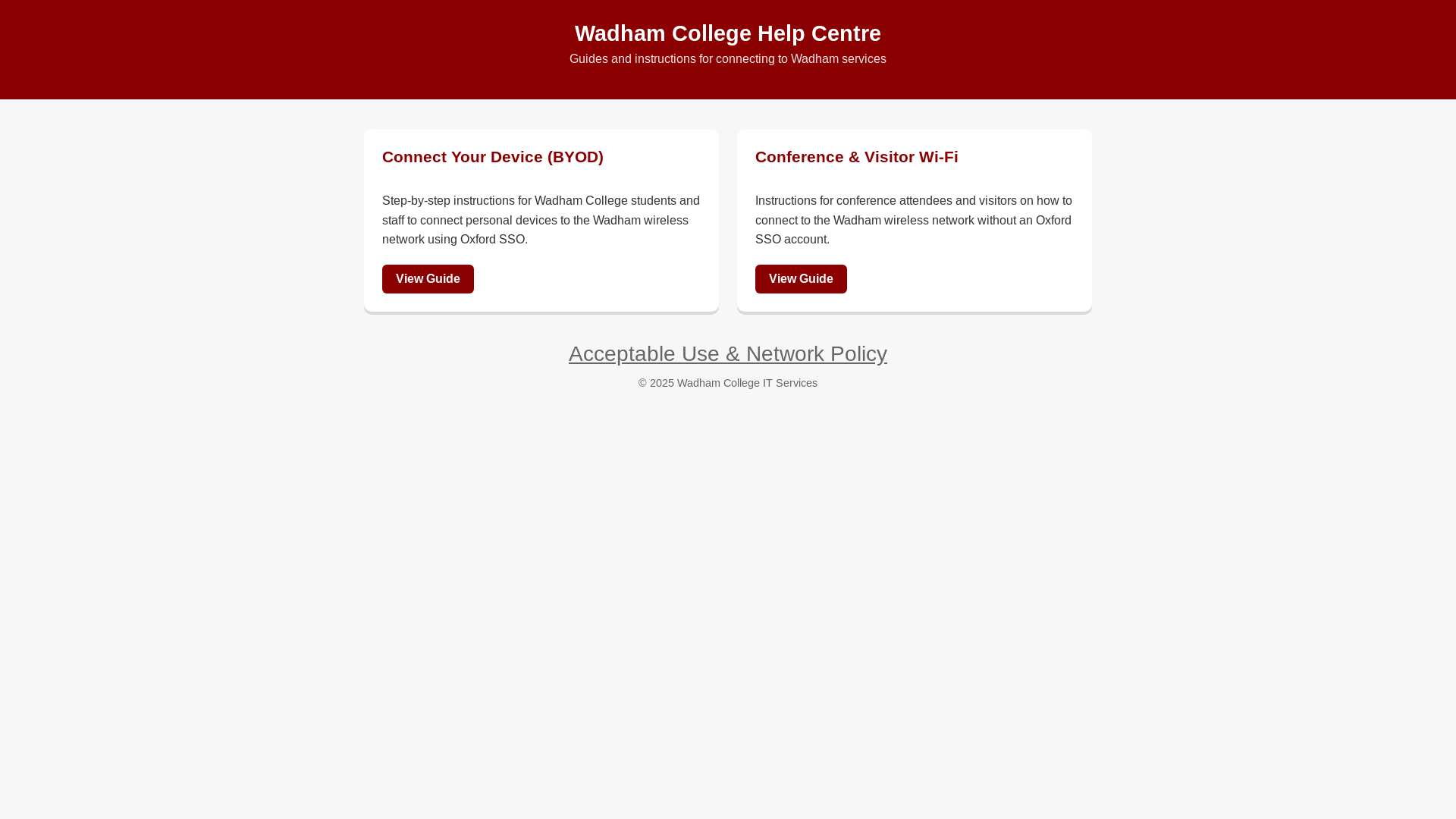 website screenshot of https://help.wadham.ox.ac.uk/