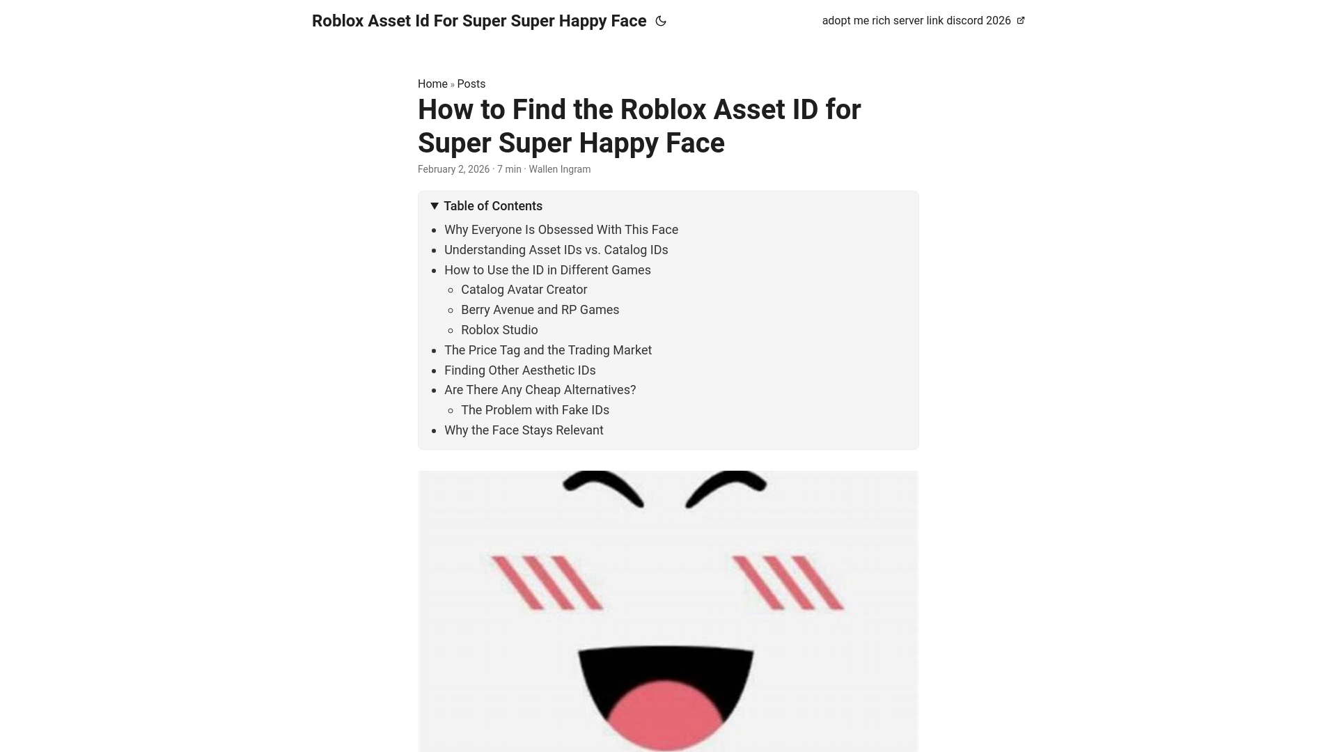 website screenshot of https://roblox-asset-id-for-super-super-happy-face.pages.dev/