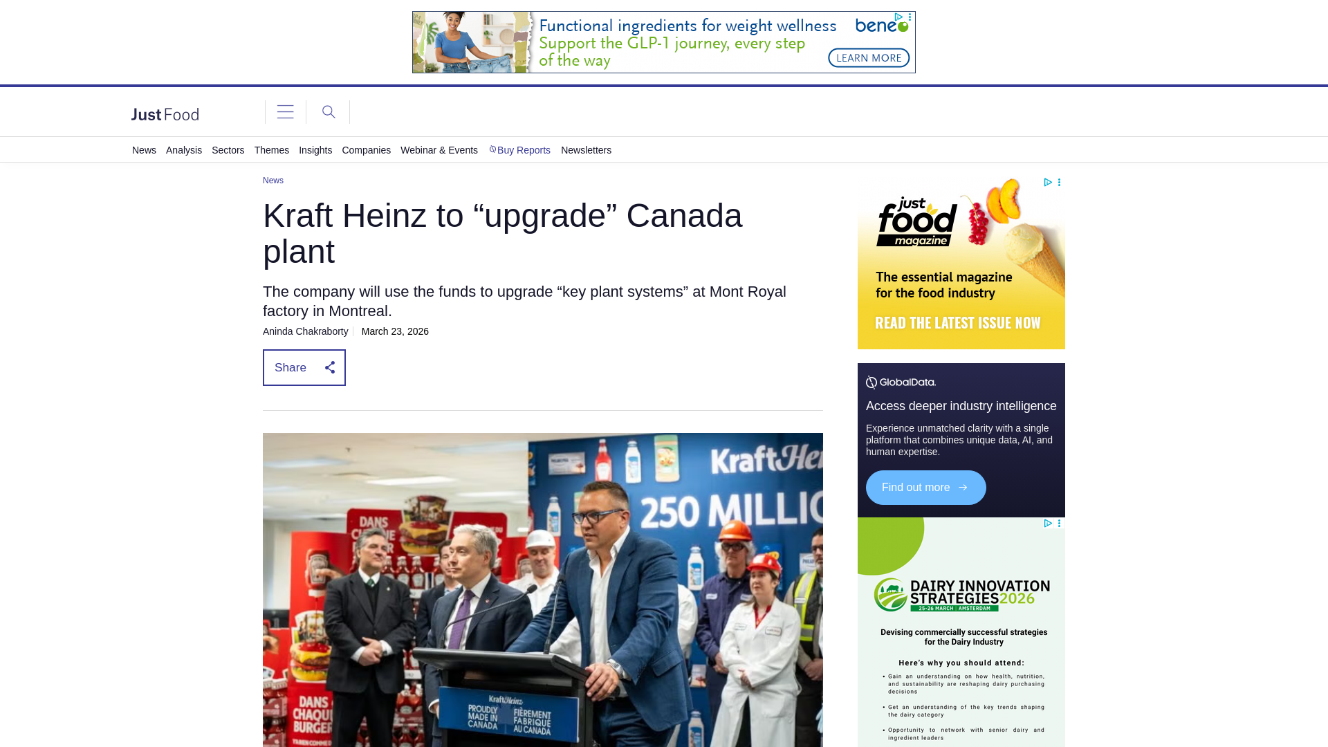 website screenshot of https://www.just-food.com/news/kraft-heinz-to-upgrade-canada-plant/