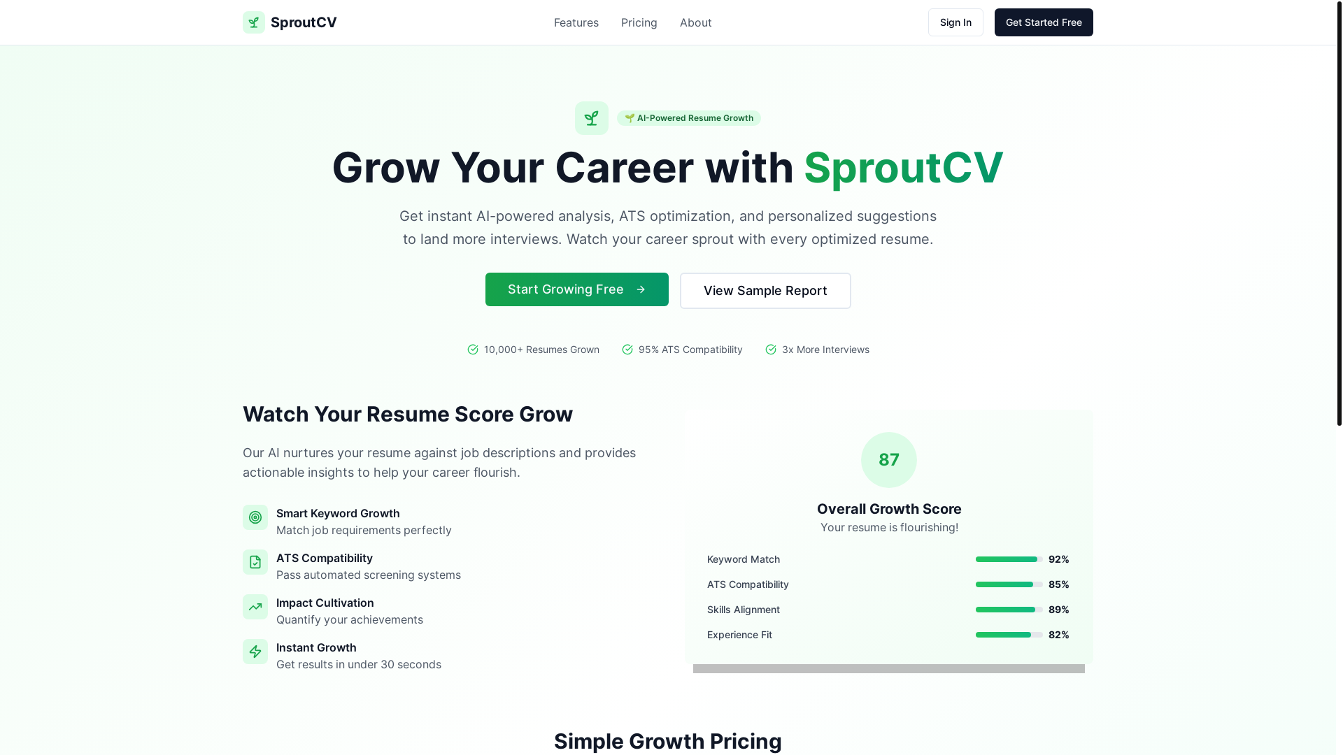 website screenshot of https://sproutcv.app/