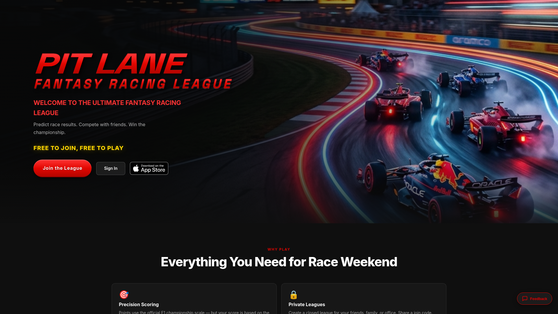 website screenshot of https://pitlanefantasyracing.com