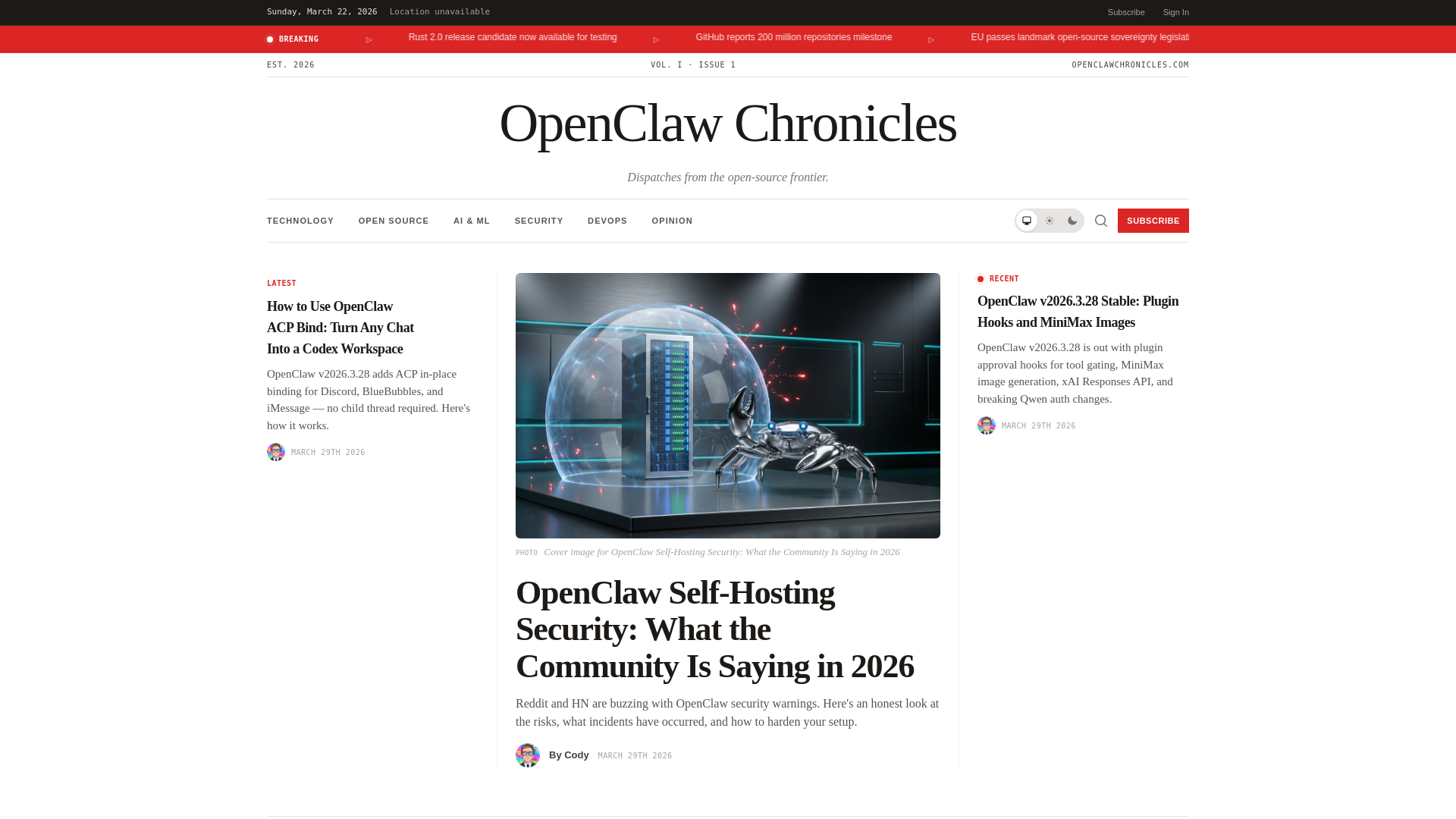 website screenshot of https://openclawchronicles.com