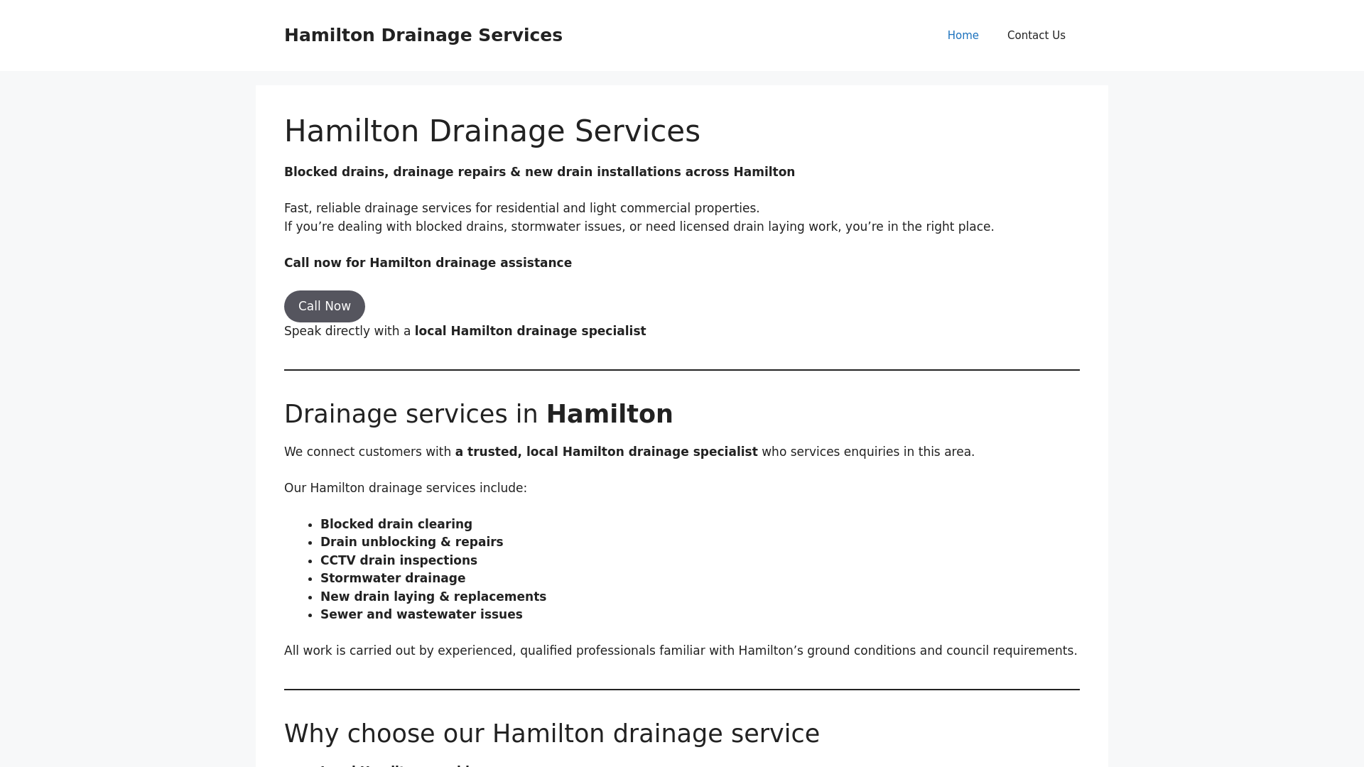 website screenshot of https://hamiltondrainageservices.co.nz/