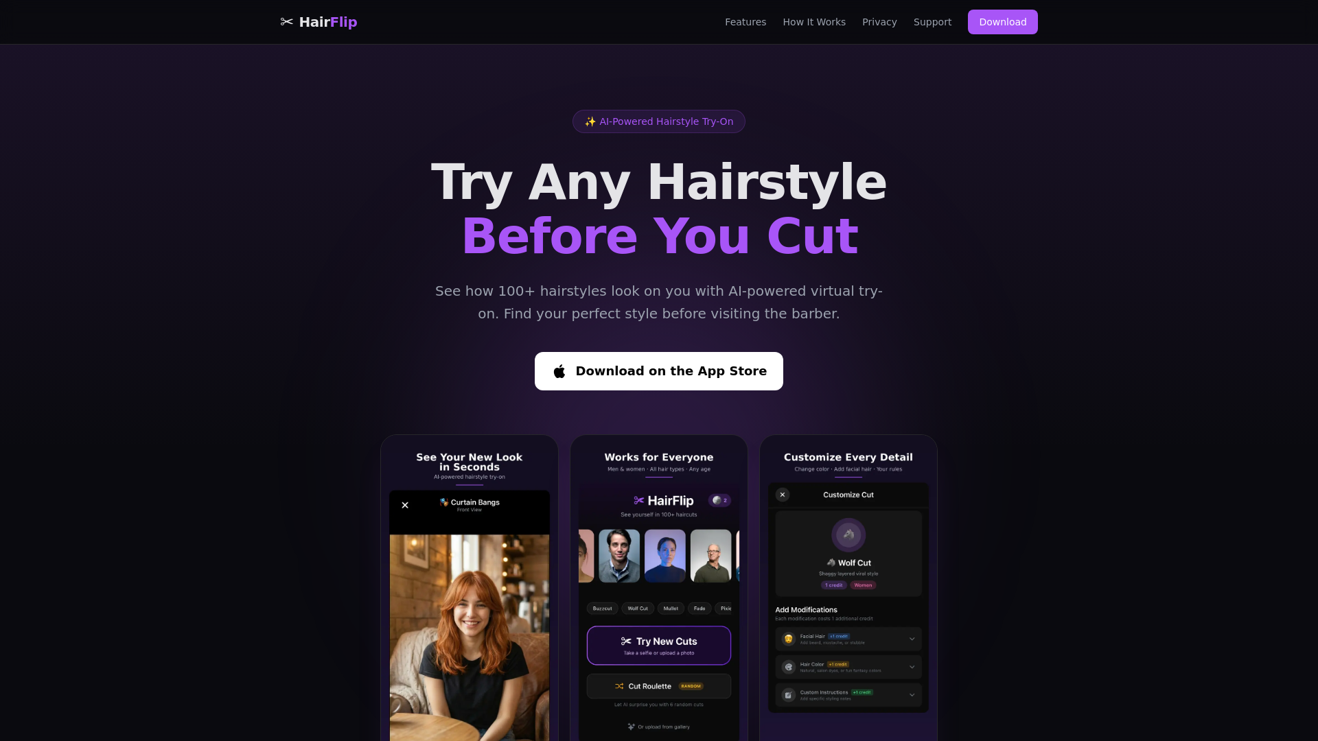 website screenshot of https://hairflip.xyz/