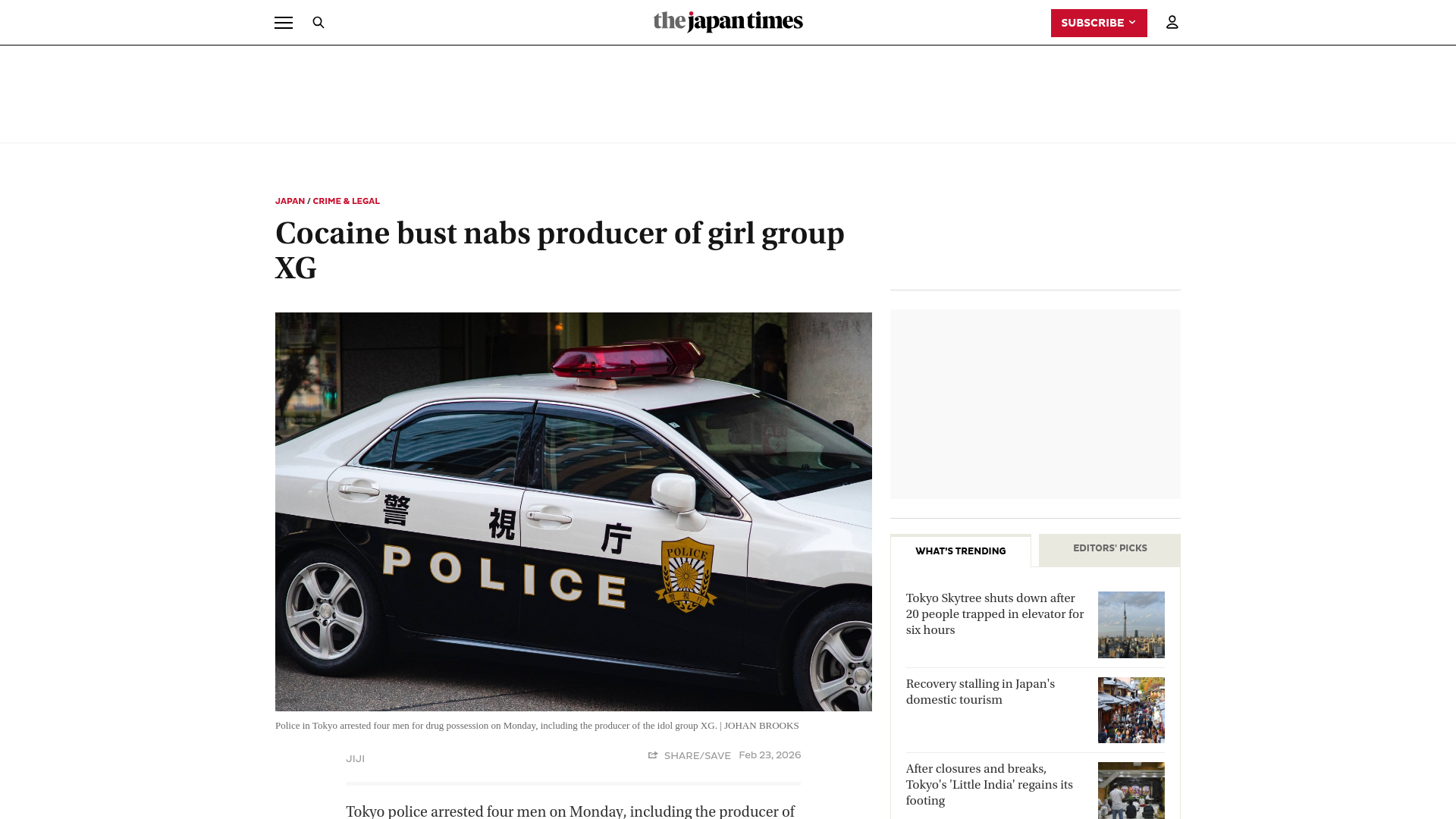 website screenshot of https://www.japantimes.co.jp/news/2026/02/23/japan/crime-legal/xg-producer-arrested/