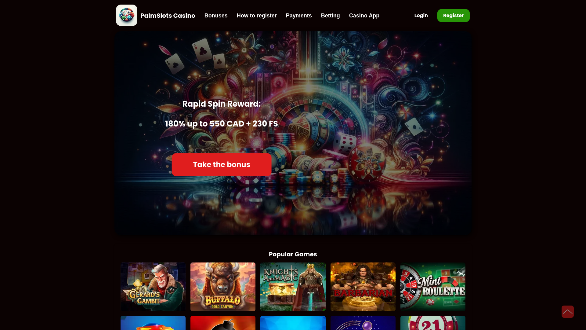 website screenshot of https://palmslots-casino.ca