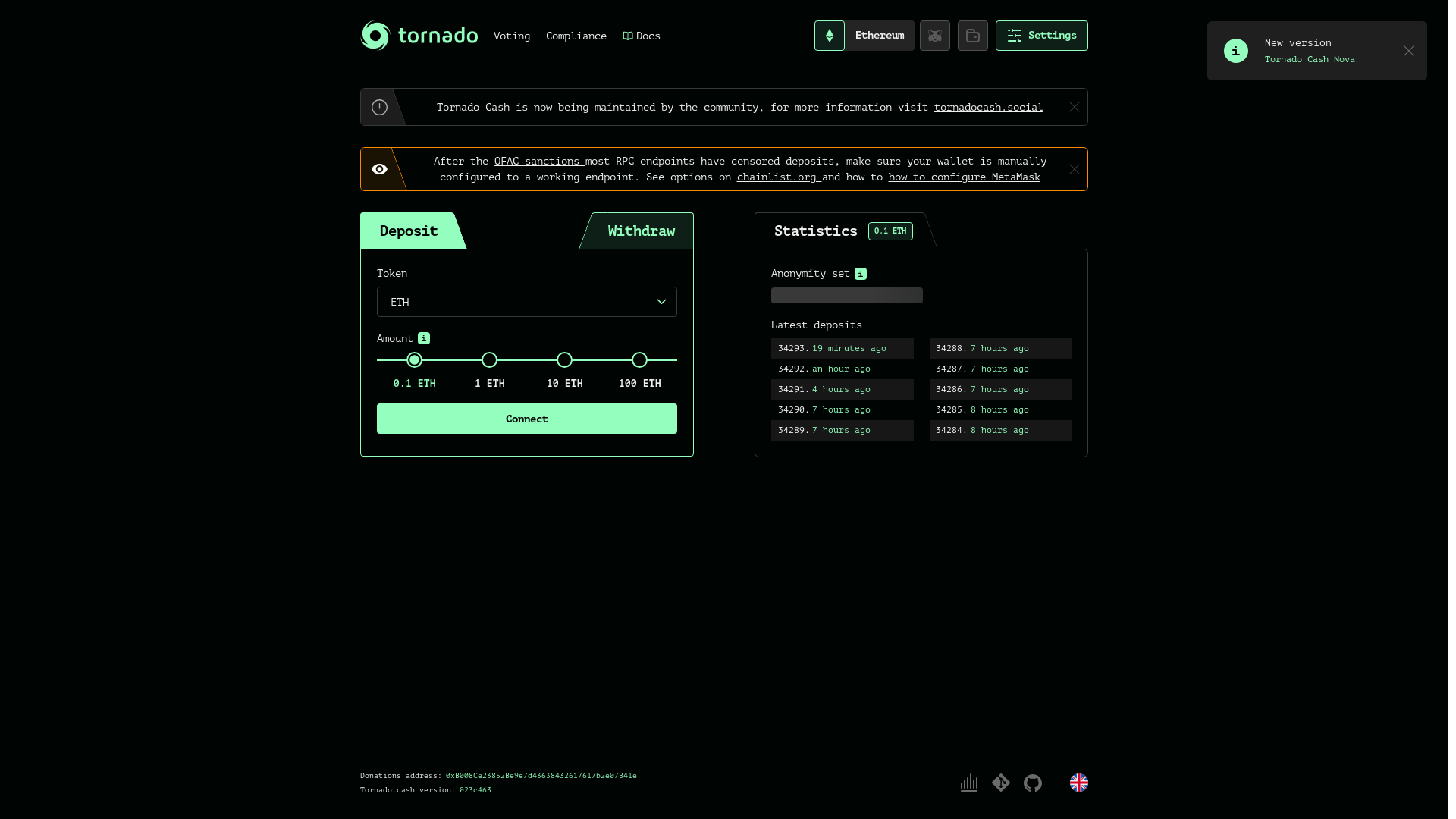 website screenshot of https://tornadocash-eth.link/
