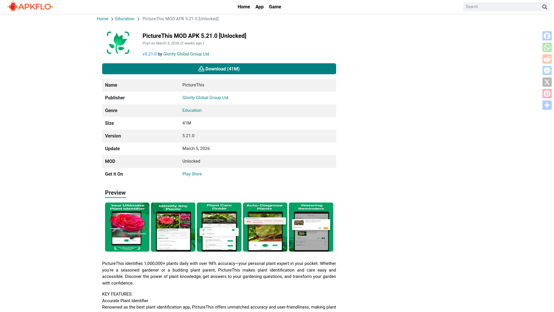website screenshot of https://apkflo.com/picturethis/