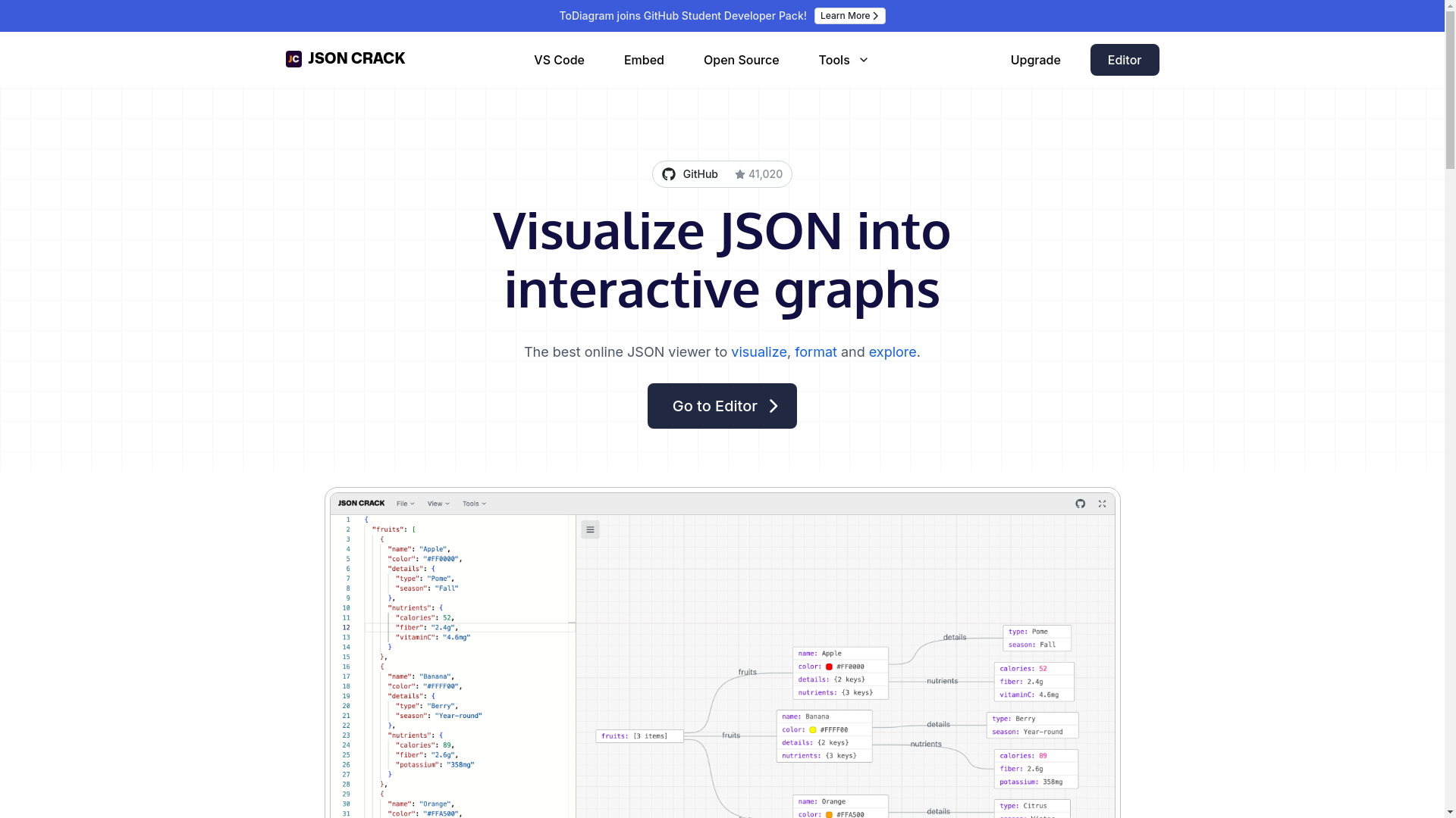 website screenshot of https://jsoncrack-com-rs6.pages.dev/