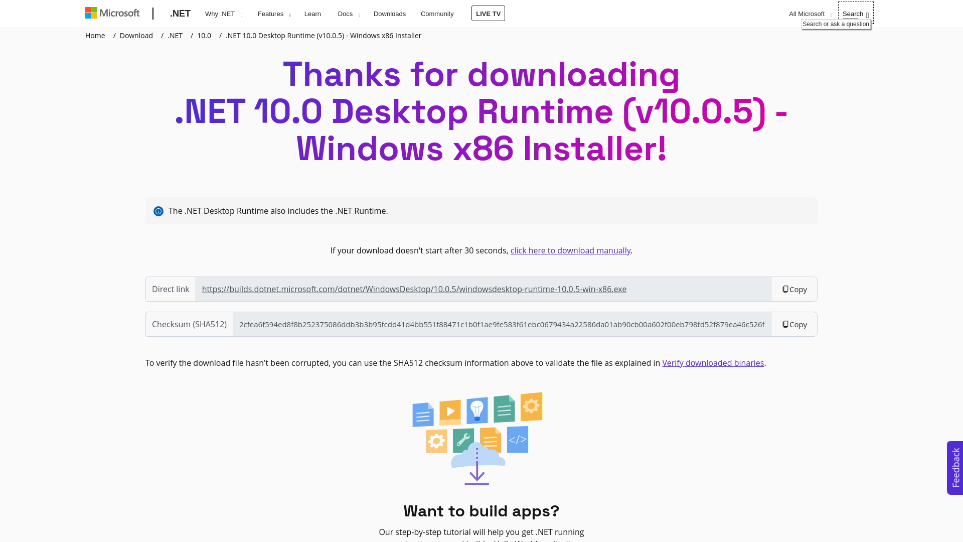 website screenshot of https://dotnet.microsoft.com/en-us/download/dotnet/thank-you/runtime-desktop-10.0.5-windows-x86-installer?cid=getdotnetcore
