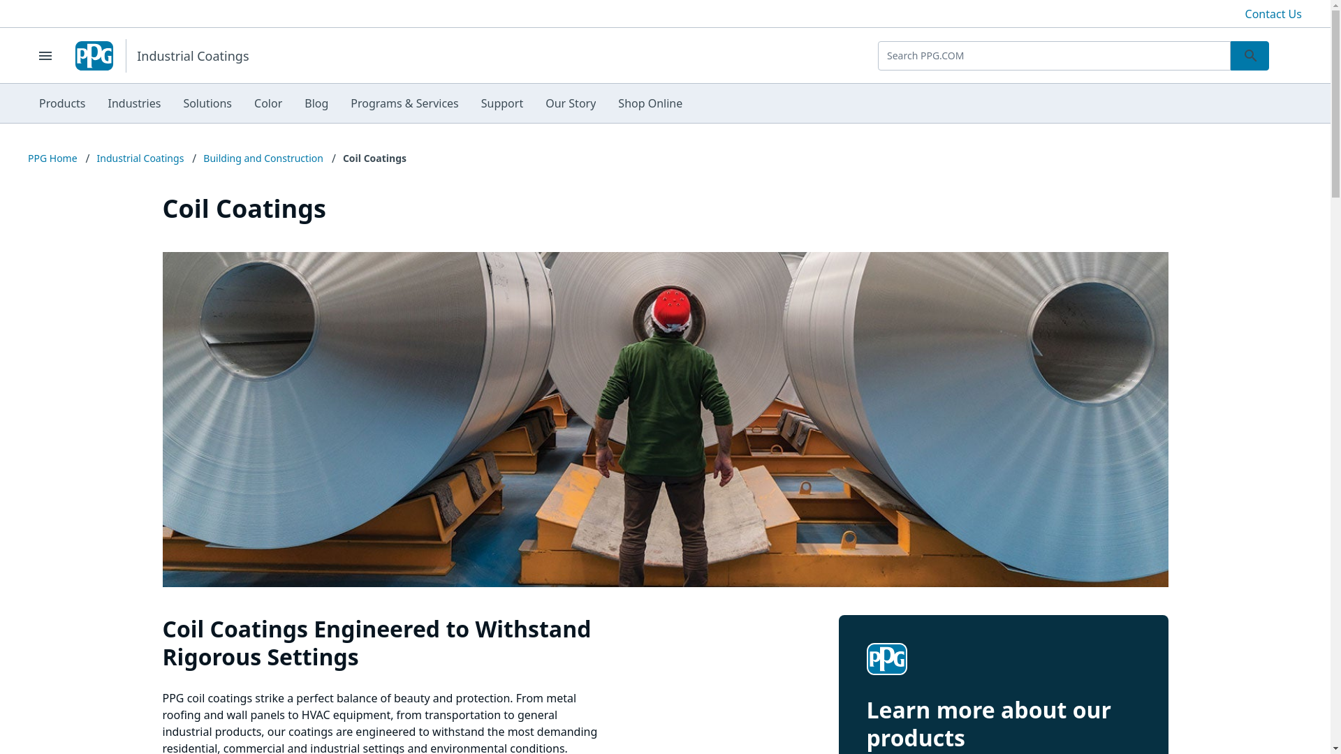 website screenshot of https://www.ppg.com/en-US/industrialcoatings/building-construction/coil-coatings