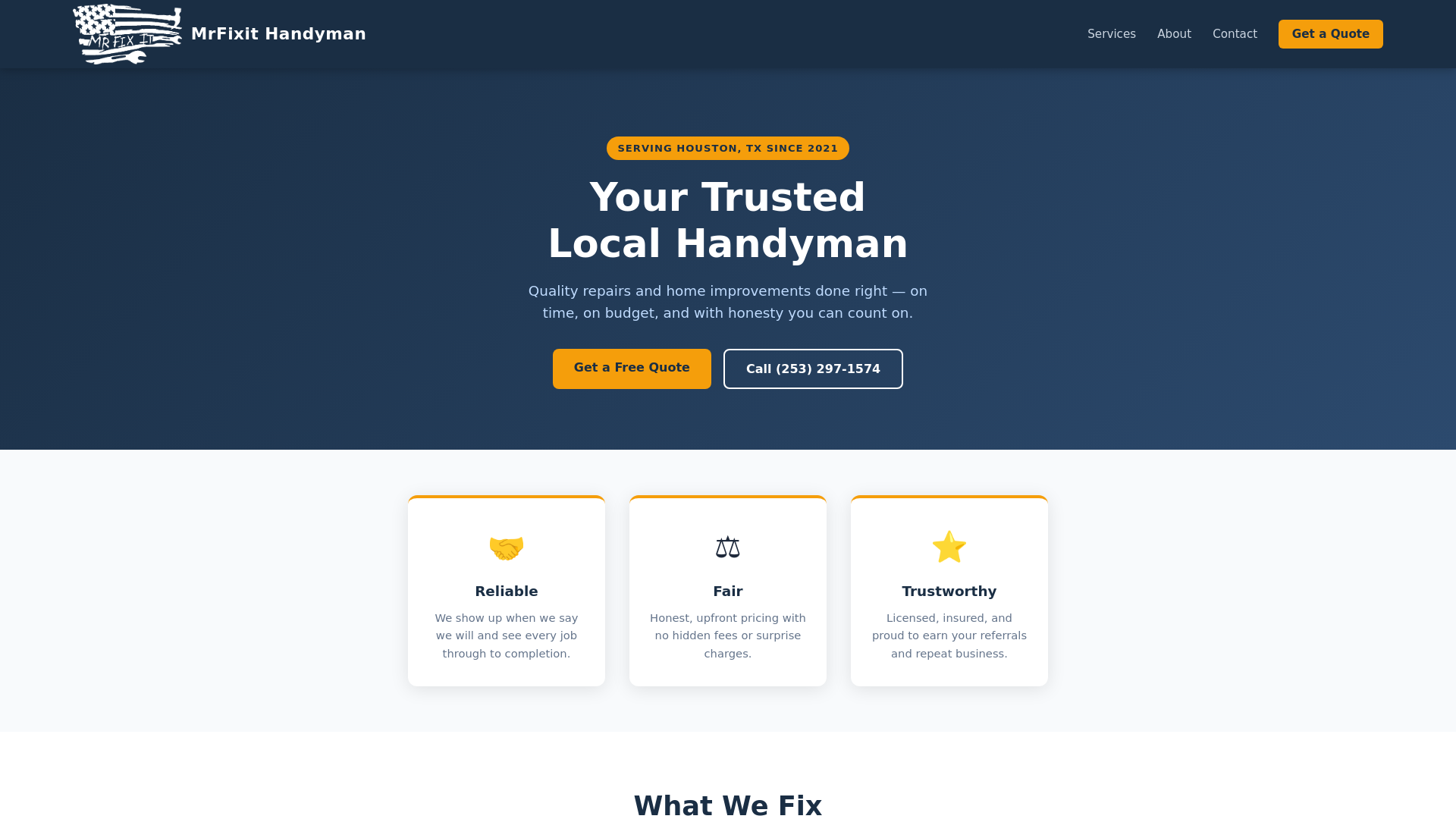 website screenshot of https://mrfixithandyman-tx.com/