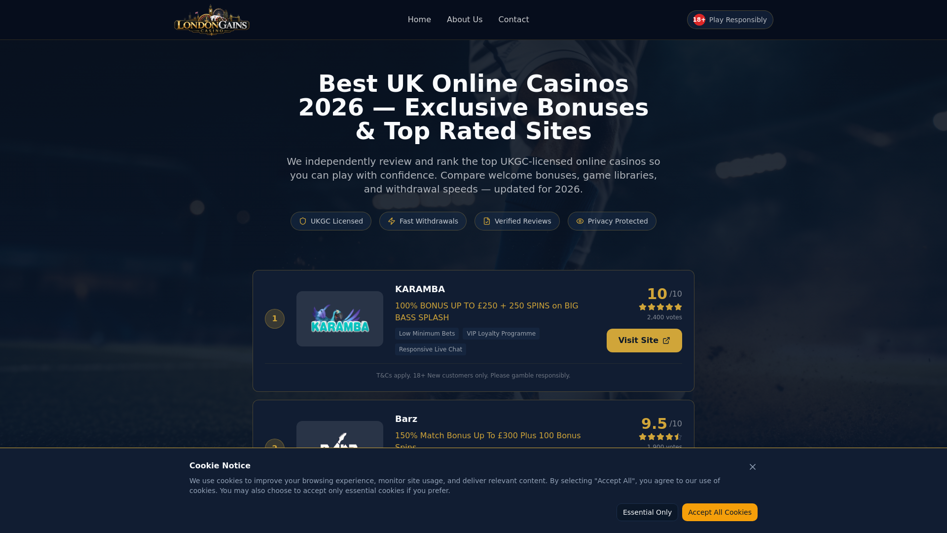 website screenshot of https://londongainscasino.com/
