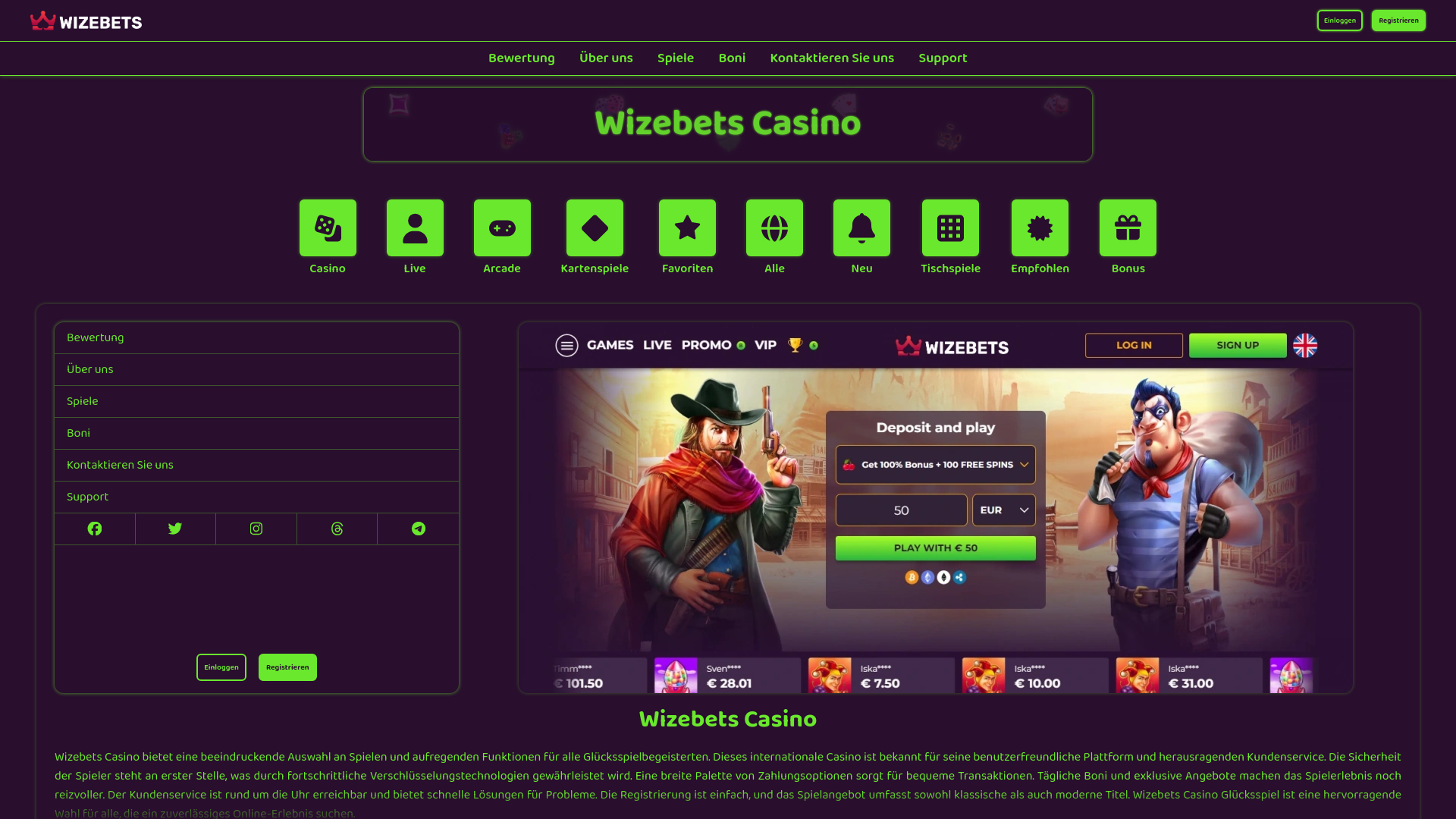 website screenshot of https://casinowizebets.de/