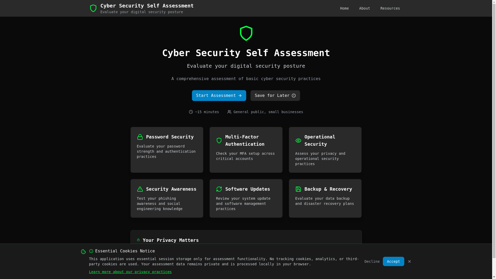 website screenshot of https://cyber-self-assessment.pages.dev/