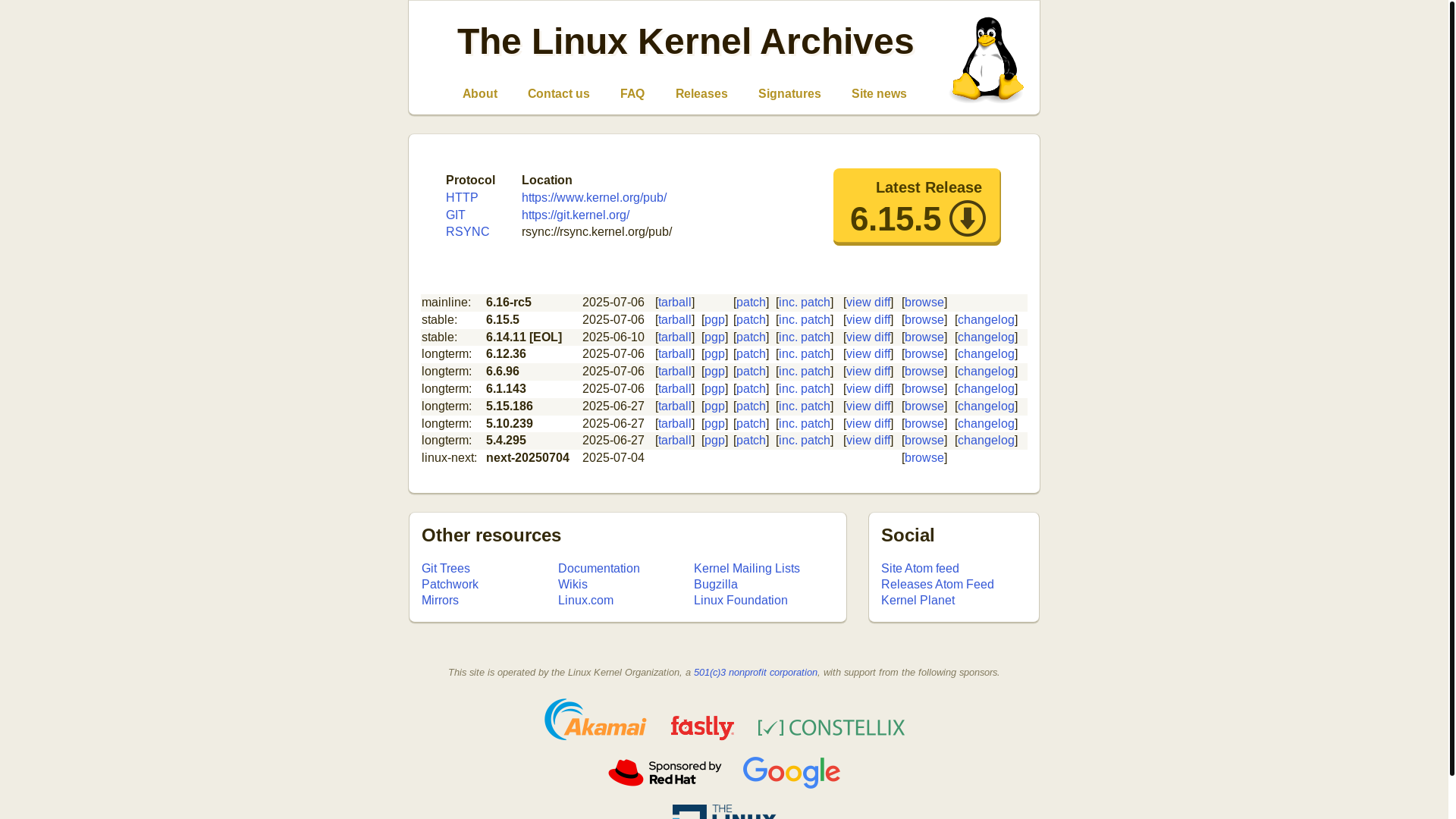 website screenshot of https://kernel.org