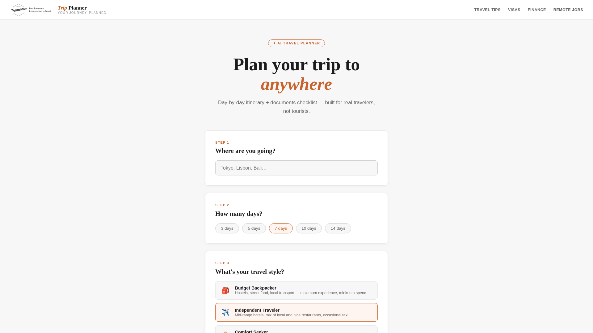 website screenshot of https://triptraveneur.pages.dev/
