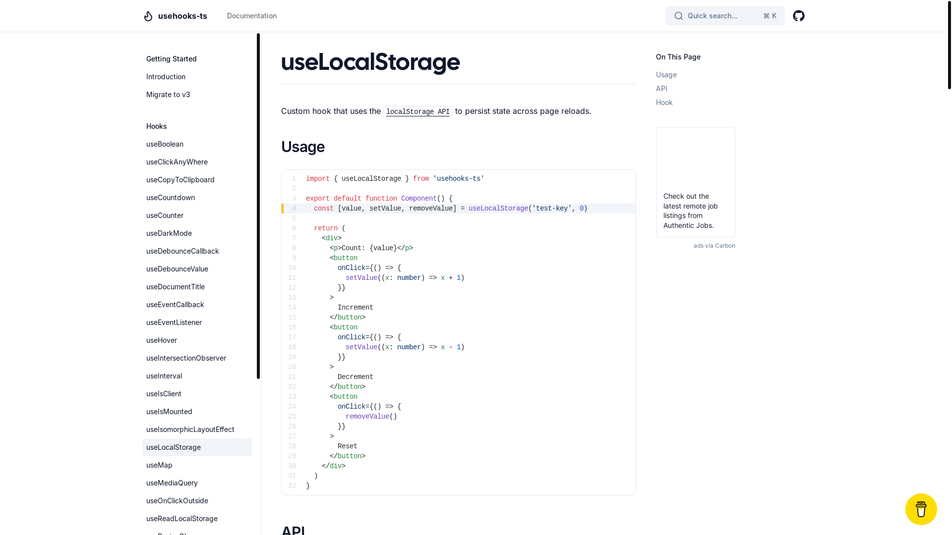 website screenshot of https://usehooks-ts.com/react-hook/use-local-storage