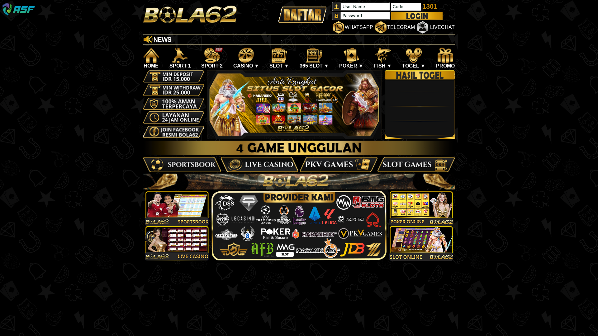 website screenshot of https://bola62new.homes/