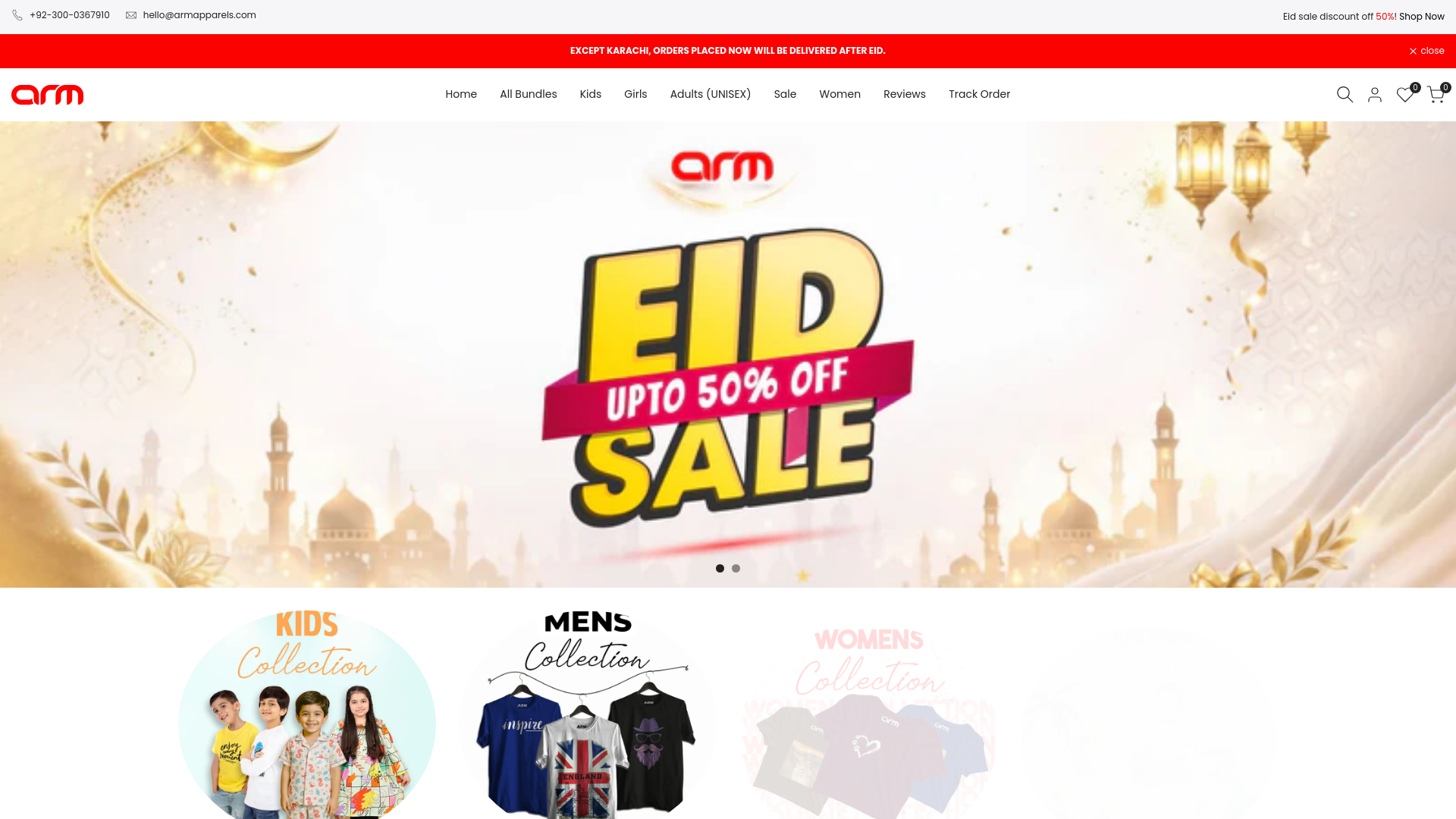 website screenshot of https://armapparels.com.pk