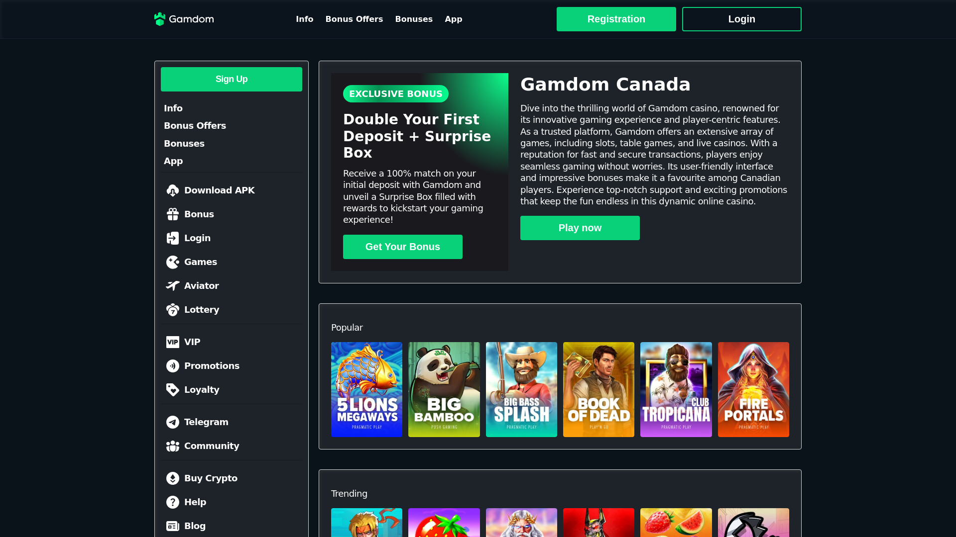 website screenshot of https://gamdomcanada.com