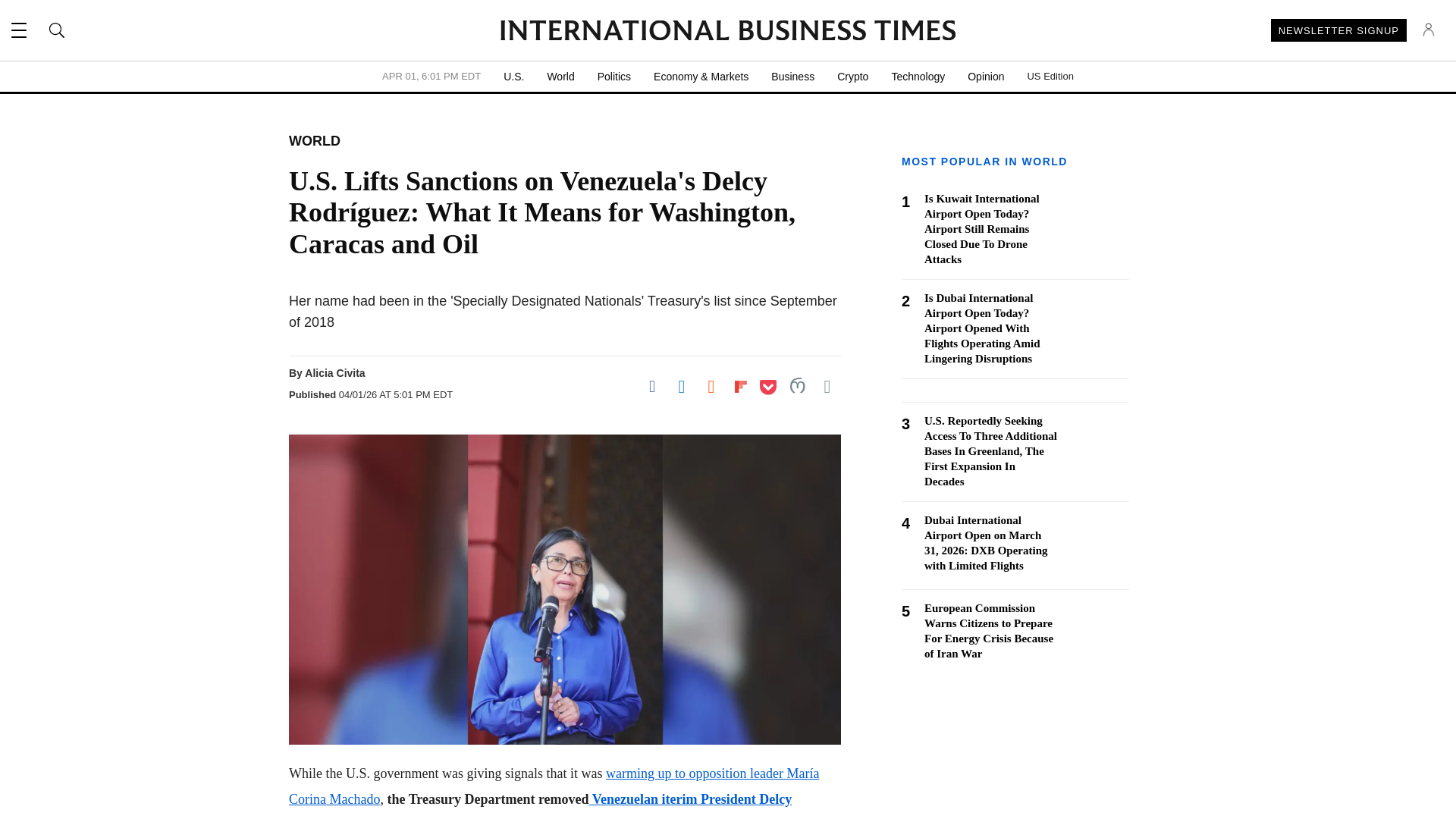 website screenshot of https://www.ibtimes.com/us-lifts-sanctions-venezuelas-delcy-rodriguez-what-it-means-washington-caracas-oil-3800753