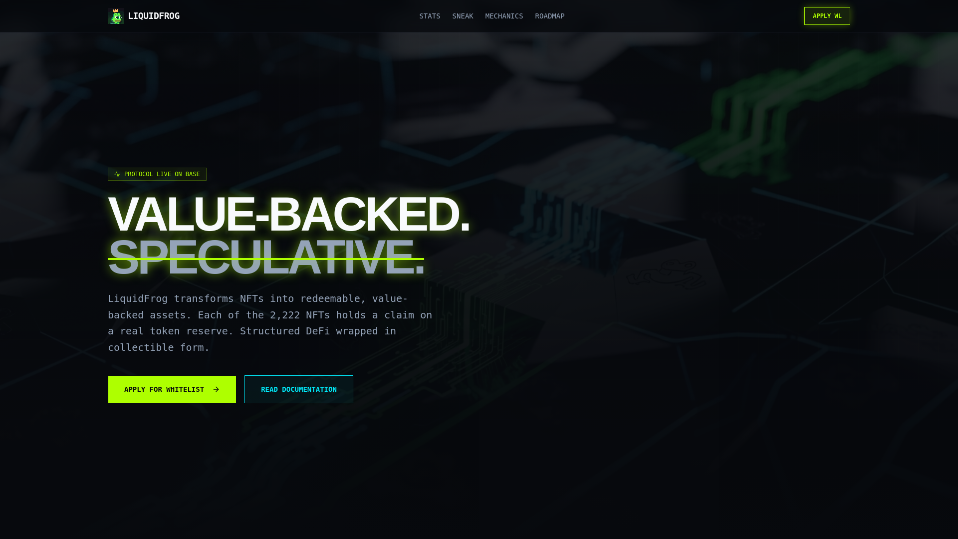 website screenshot of https://liquidfrog.xyz/