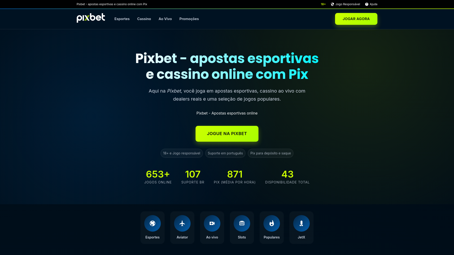 website screenshot of https://pixbet.com/