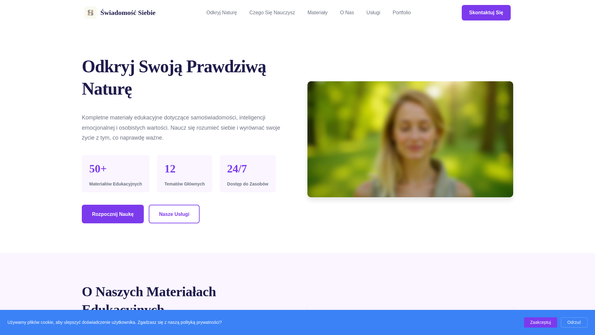 website screenshot of https://swiadomoscsiebies.com/